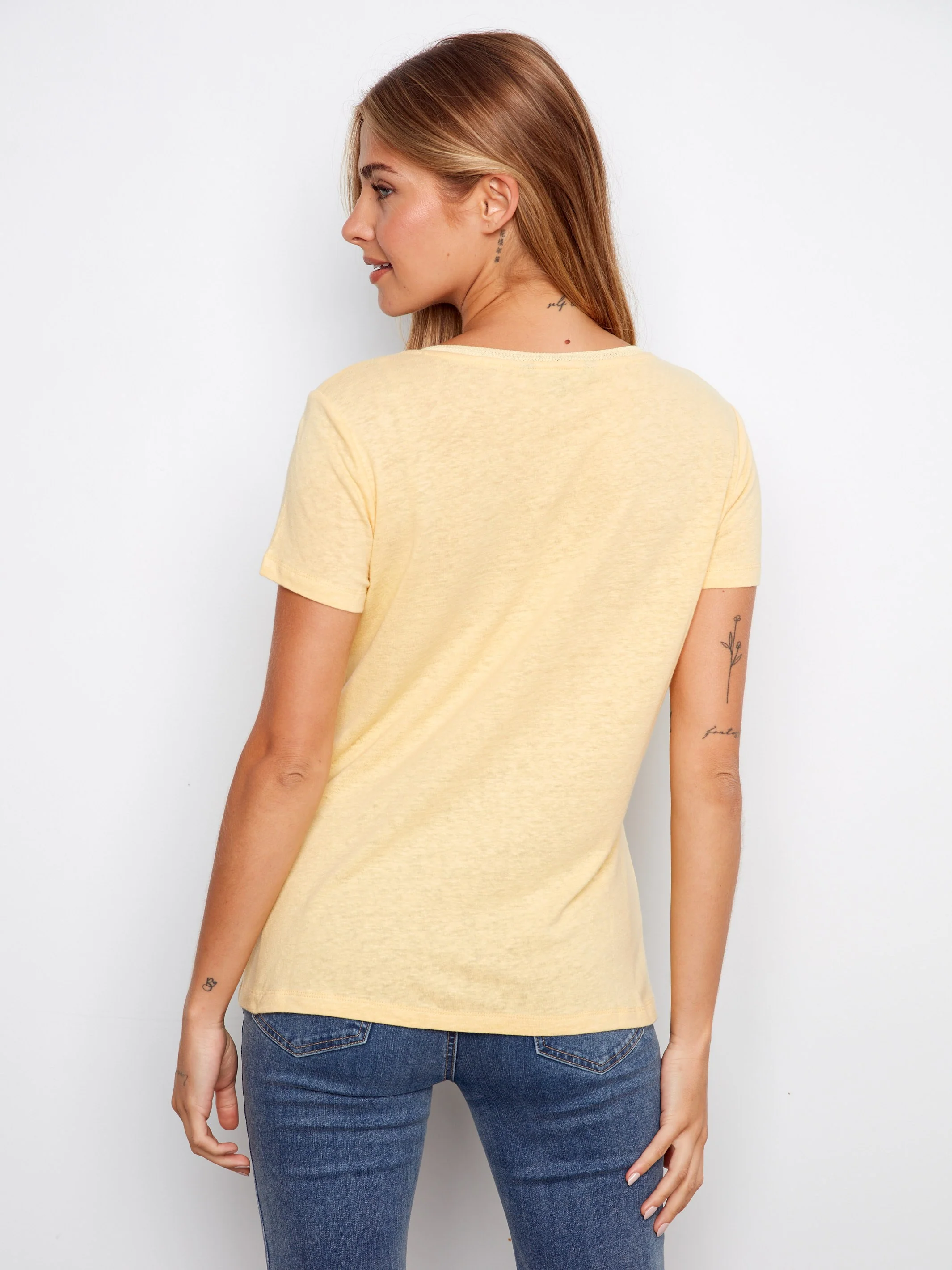 Linen Blend V-Neck T-Shirt - Sunshine - Image 4