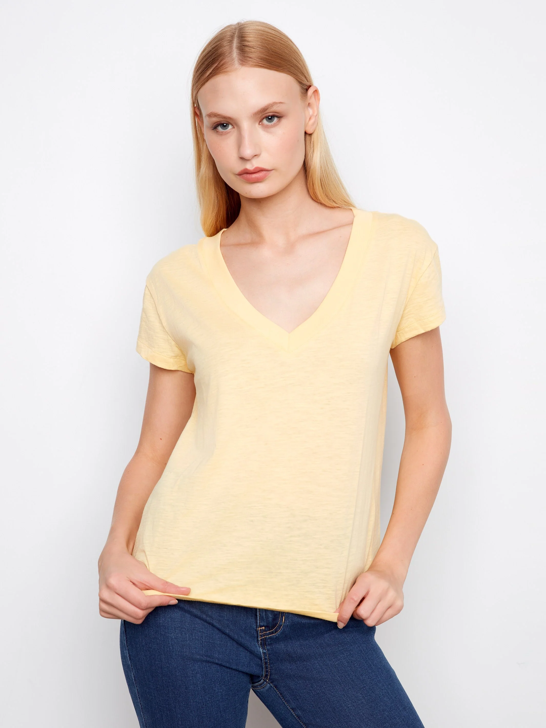 Organic Cotton Drop Shoulder V-Neck T-Shirt - Sunshine - Image 3