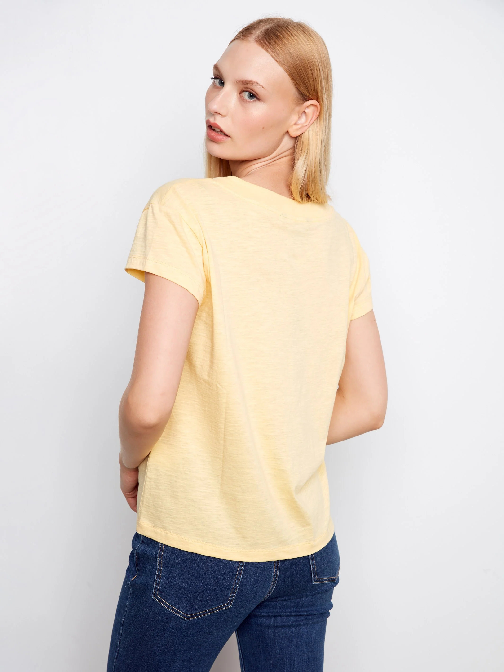 Organic Cotton Drop Shoulder V-Neck T-Shirt - Sunshine - Image 4