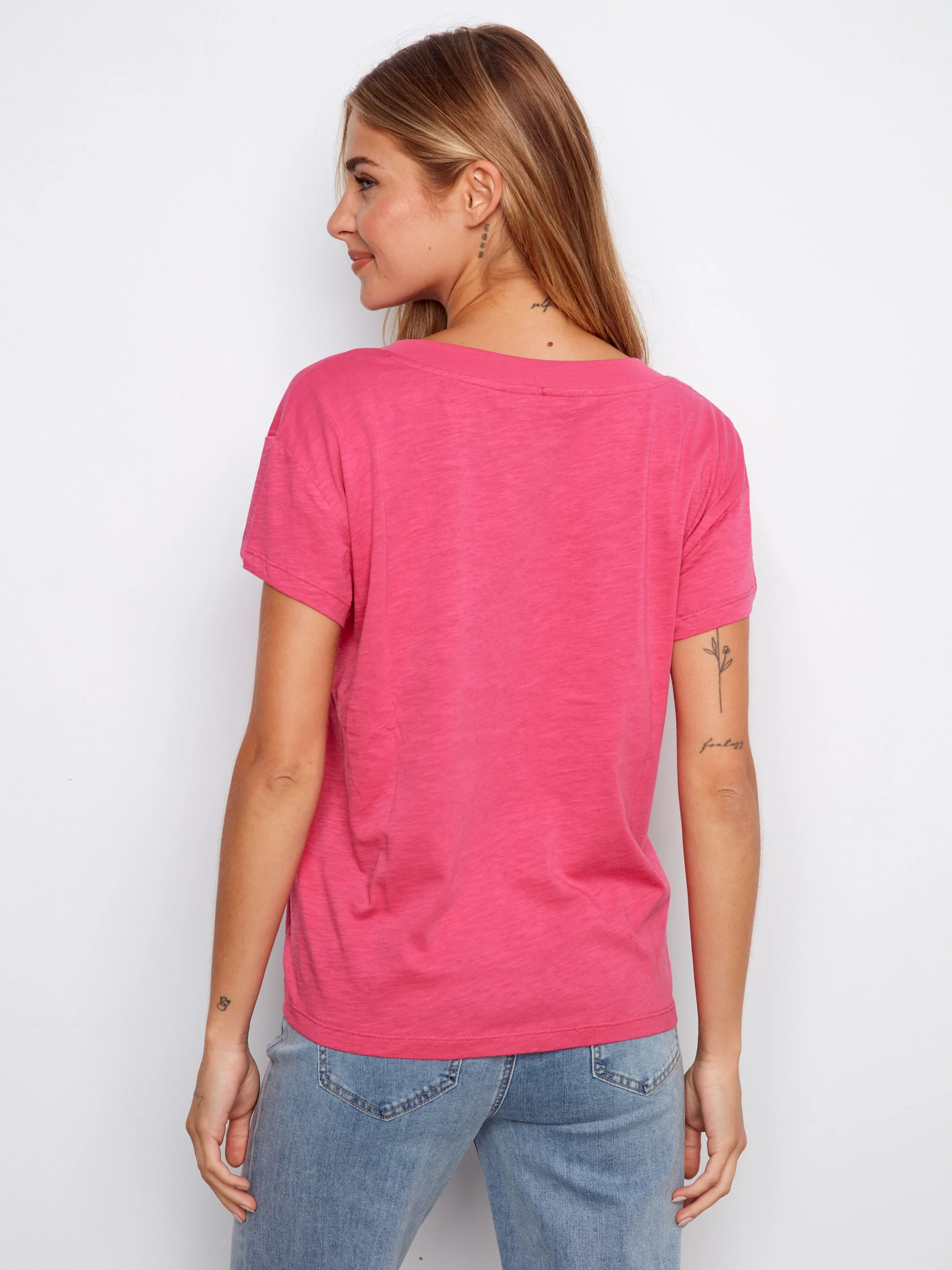 Organic Cotton Drop Shoulder V-Neck T-Shirt - Fuchsia - Image 5