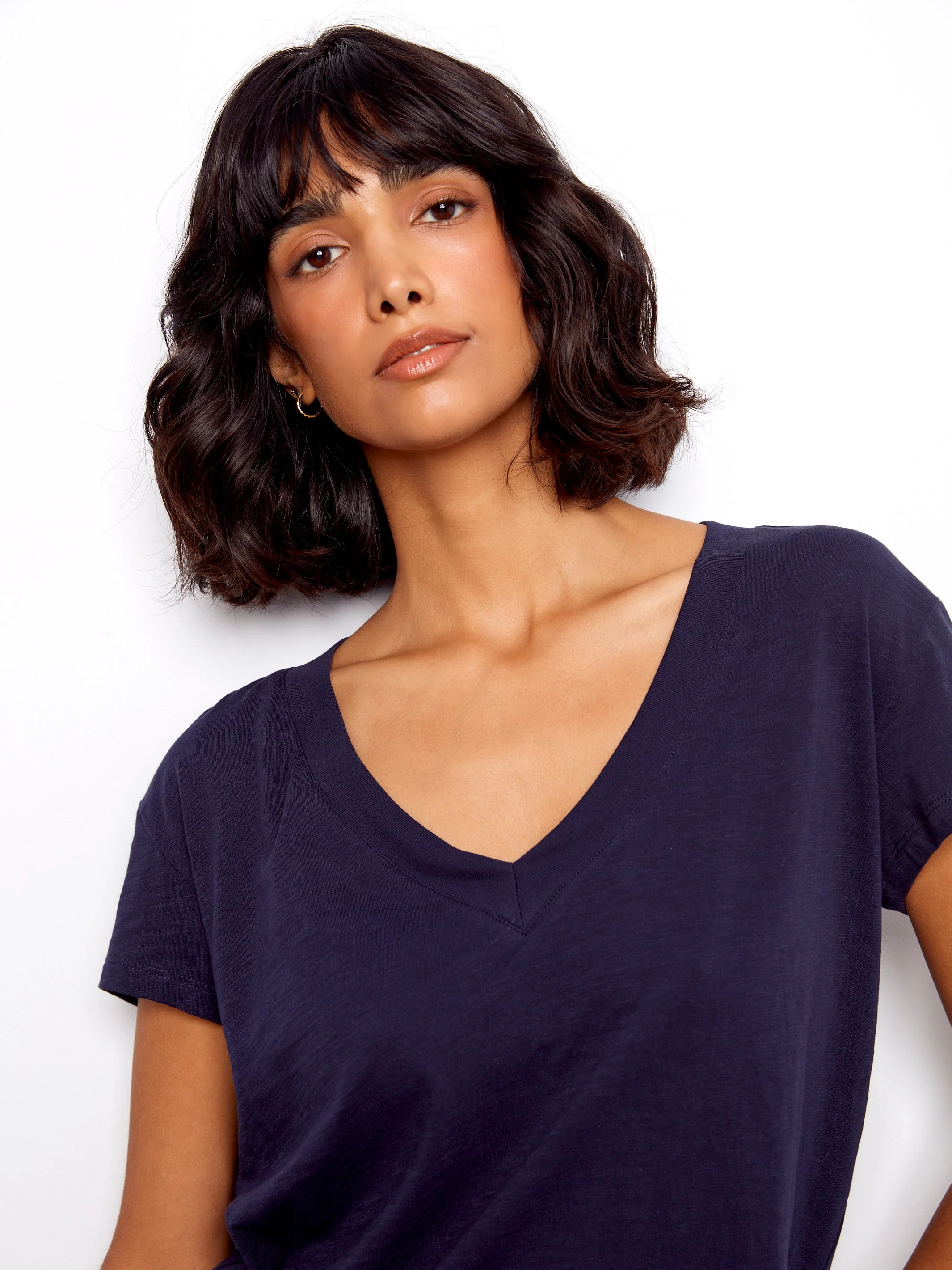 Organic Cotton Drop Shoulder V-Neck T-Shirt - Navy - Image 2