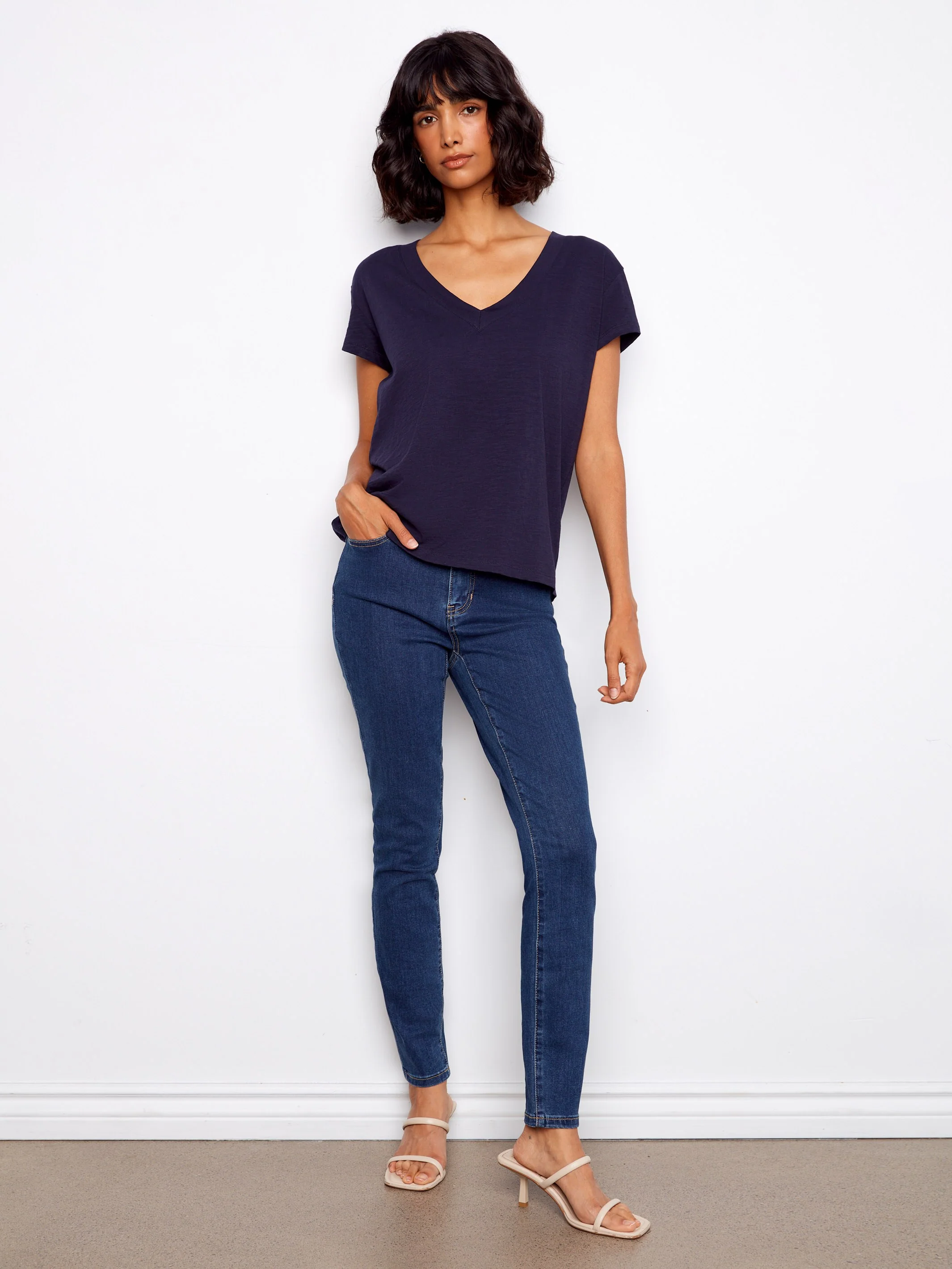 Organic Cotton Drop Shoulder V-Neck T-Shirt - Navy - Image 3