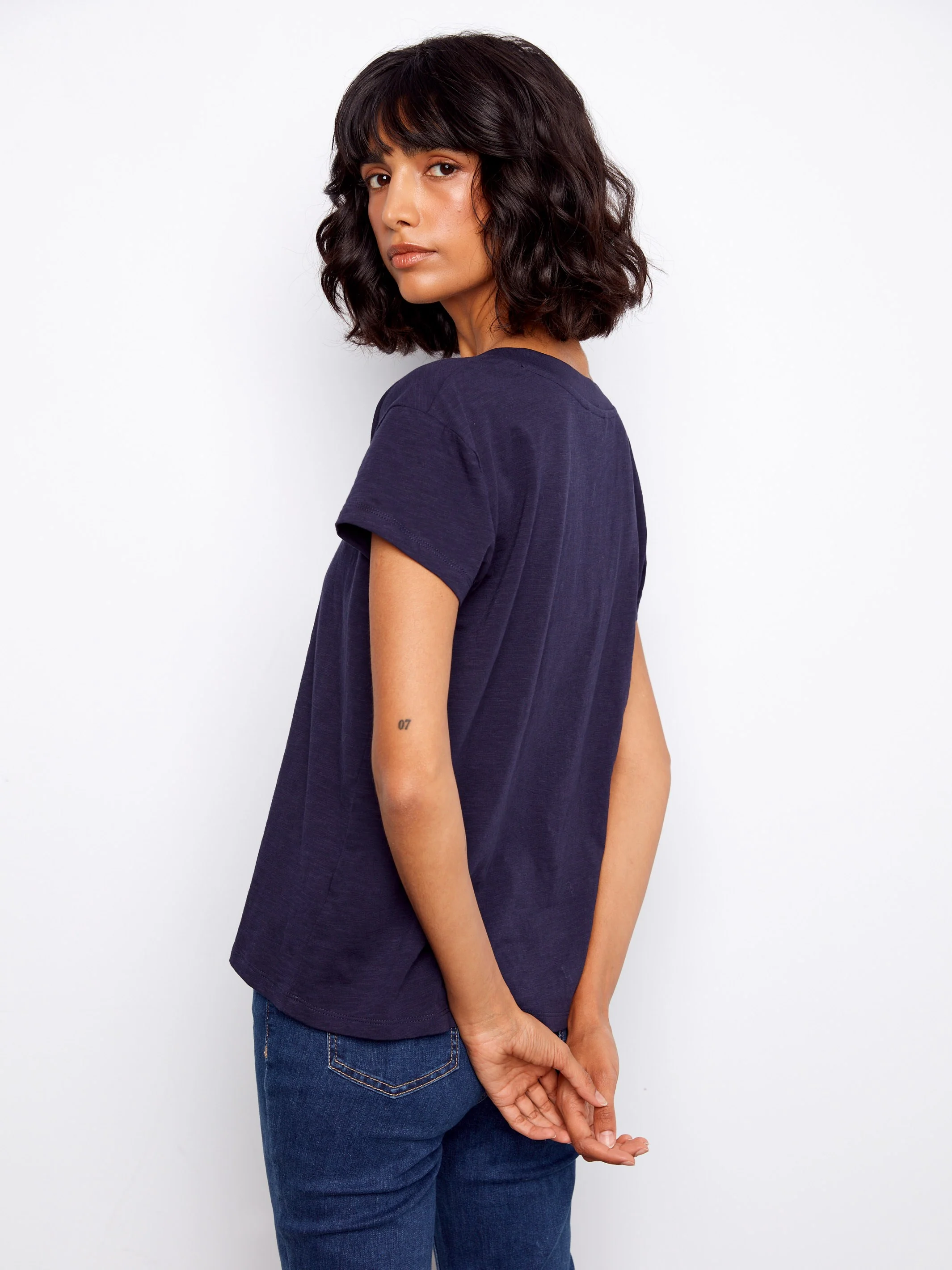 Organic Cotton Drop Shoulder V-Neck T-Shirt - Navy - Image 5