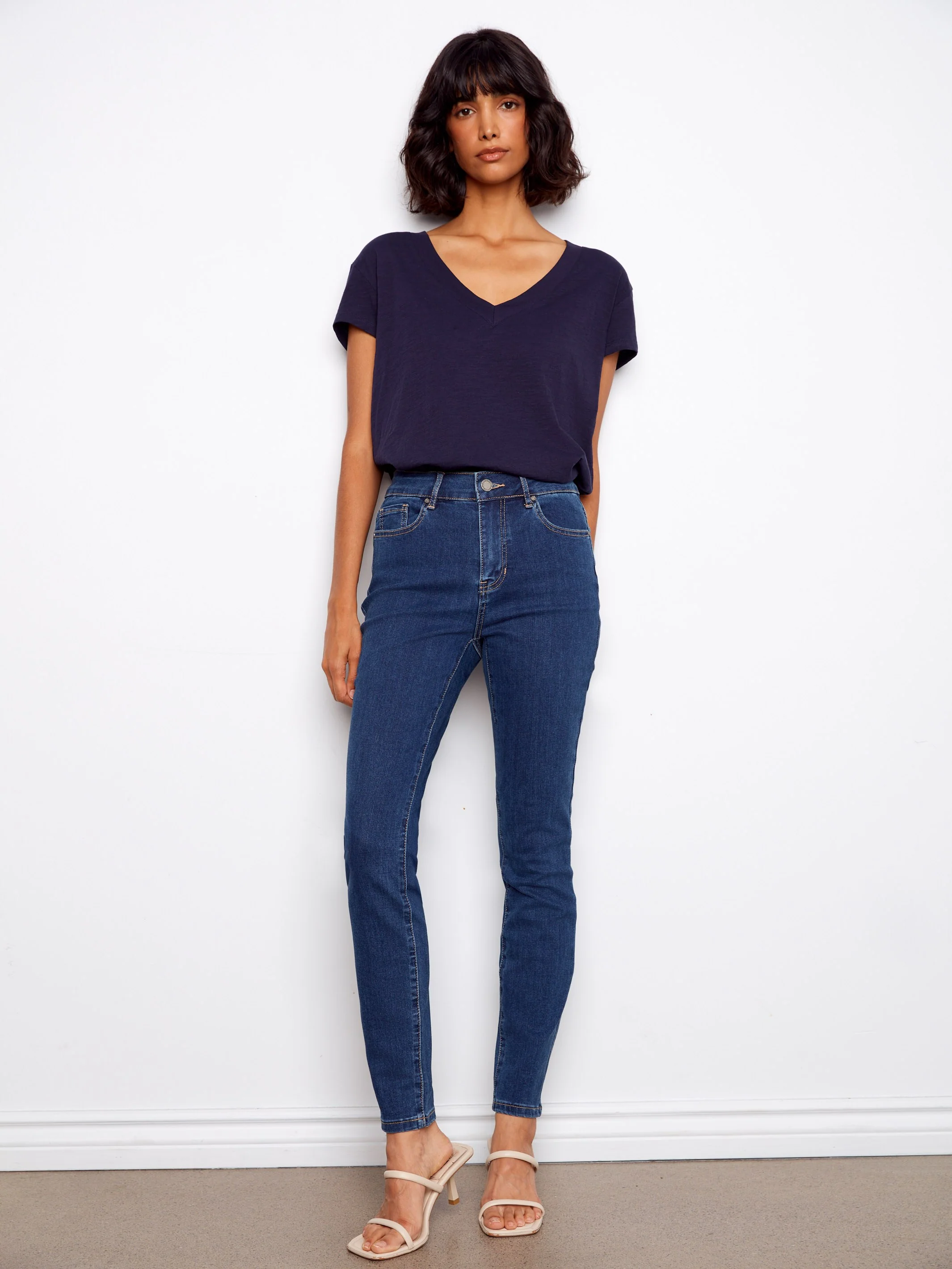 Organic Cotton Drop Shoulder V-Neck T-Shirt - Navy - Image 6