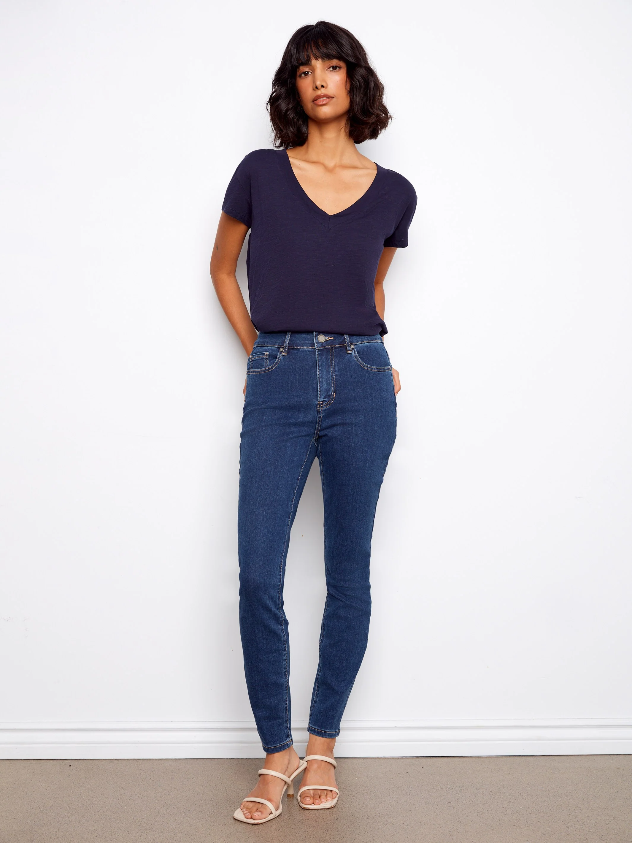 Organic Cotton Drop Shoulder V-Neck T-Shirt - Navy - Image 7