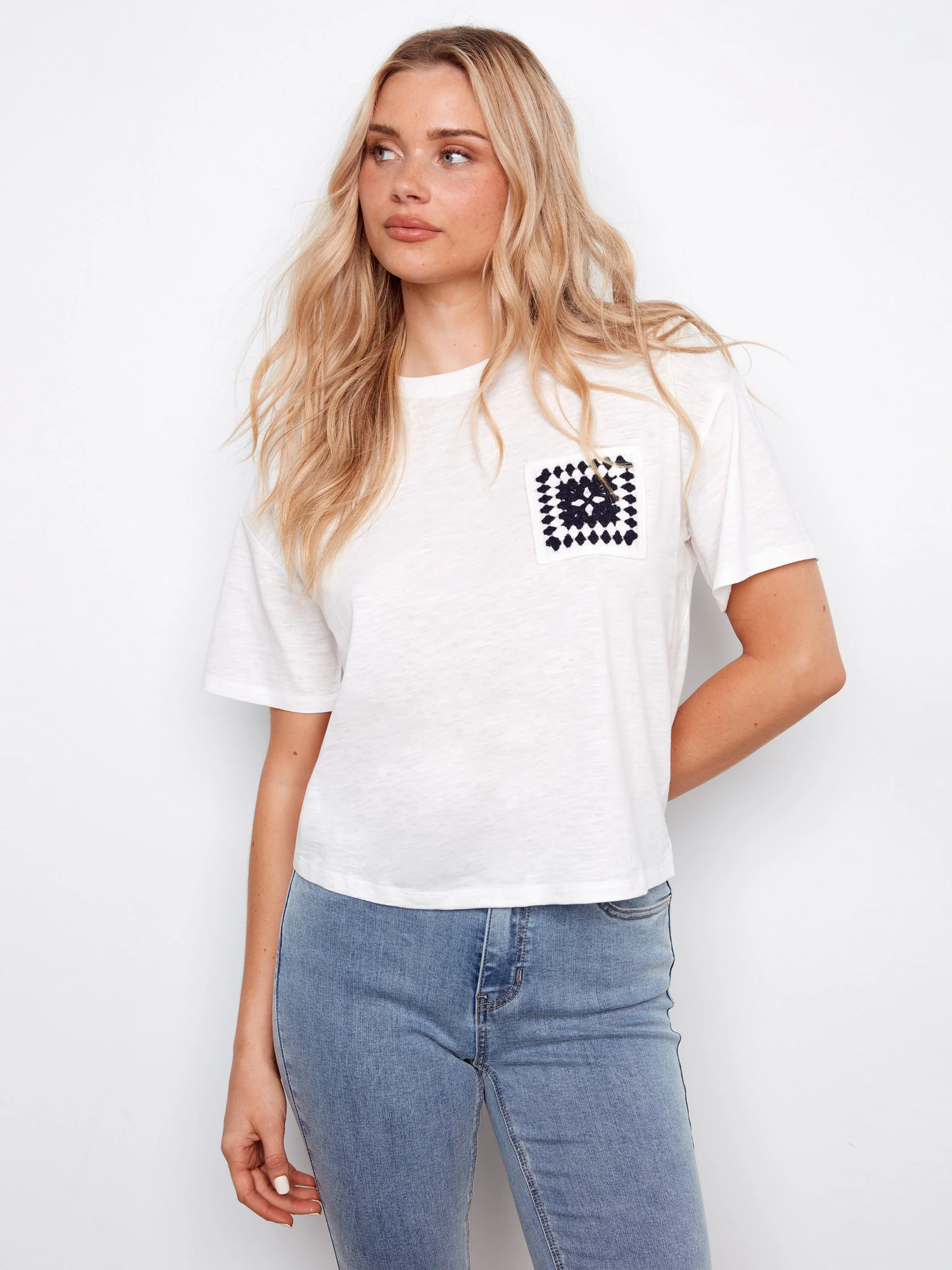 Organic Cotton T-Shirt With Crochet Pocket - White - Image 4