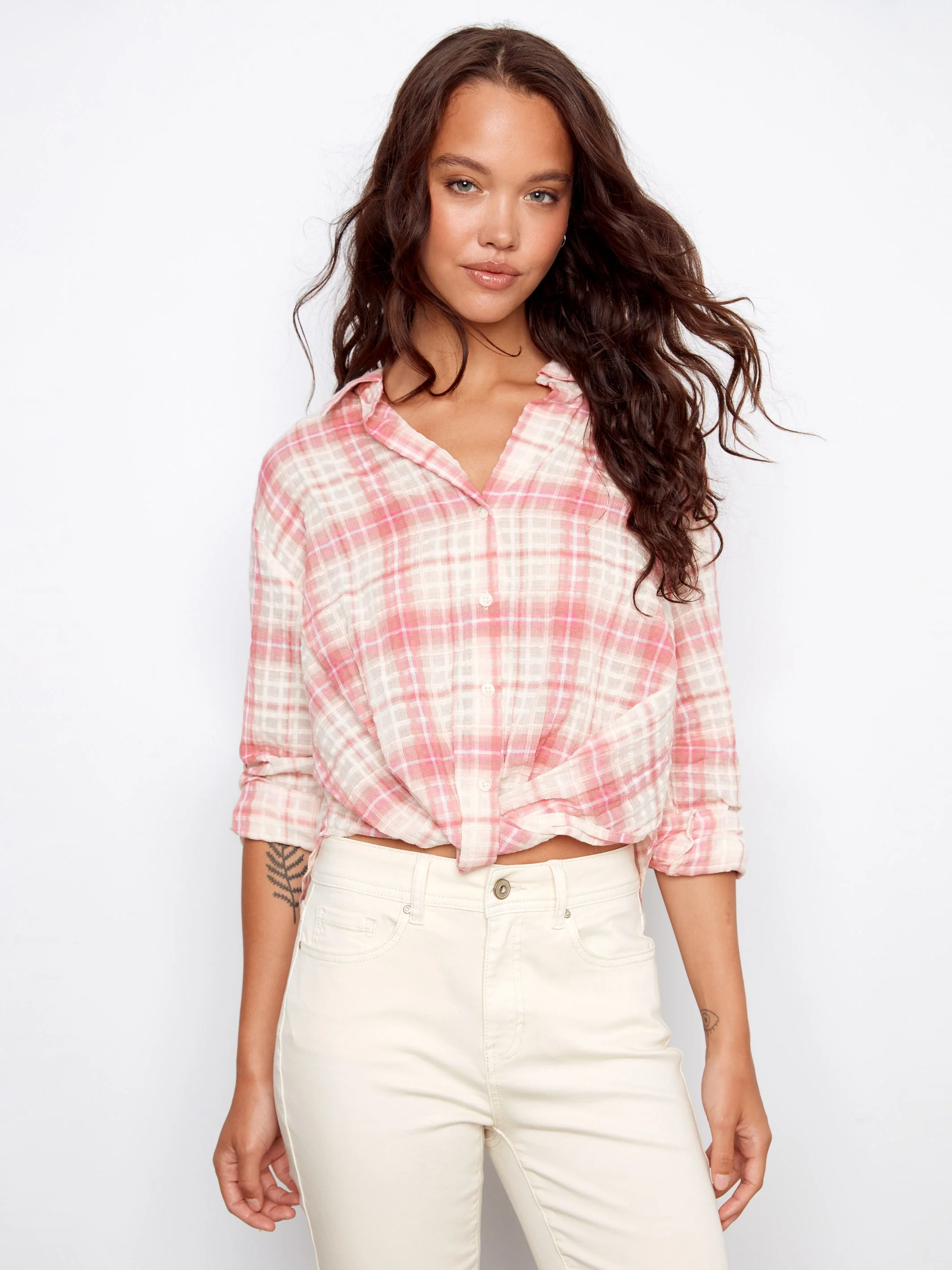 Plaid Cotton Shirt With Front Twist - Candy - Image 3