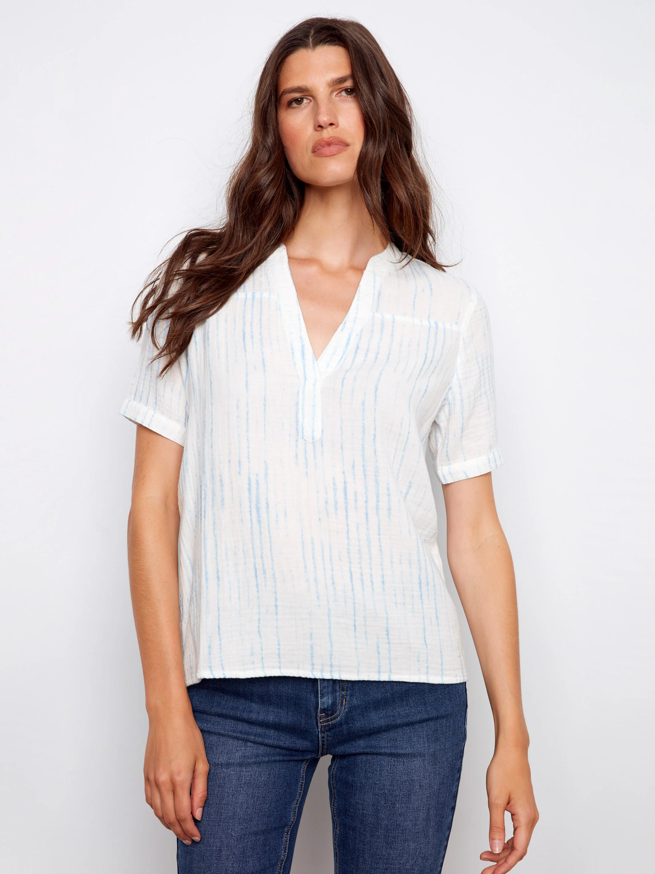 Printed Bubble Cotton Blouse - Stripes