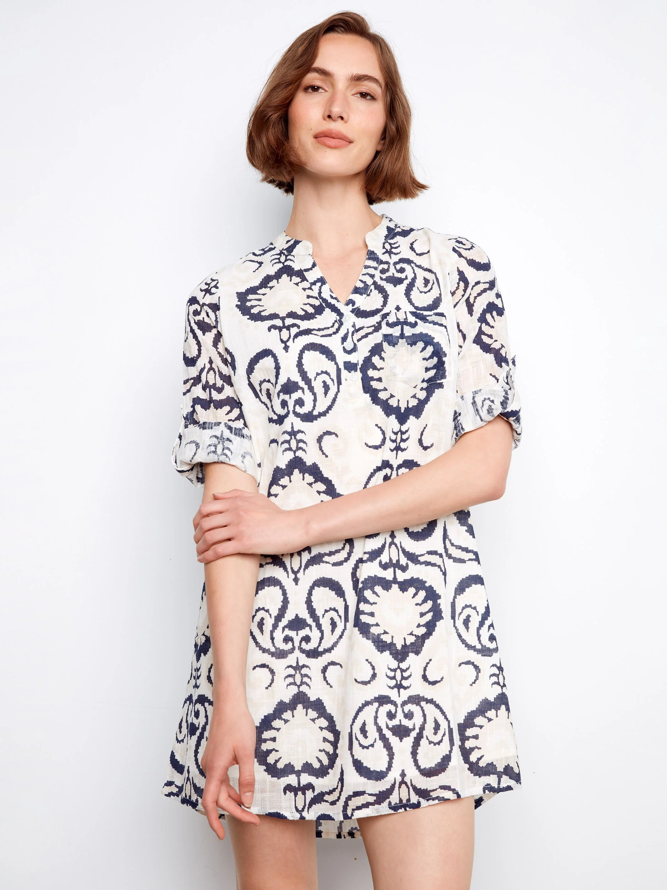 Printed Cotton Blend Henley Shirt Dress - Ornament - Image 4