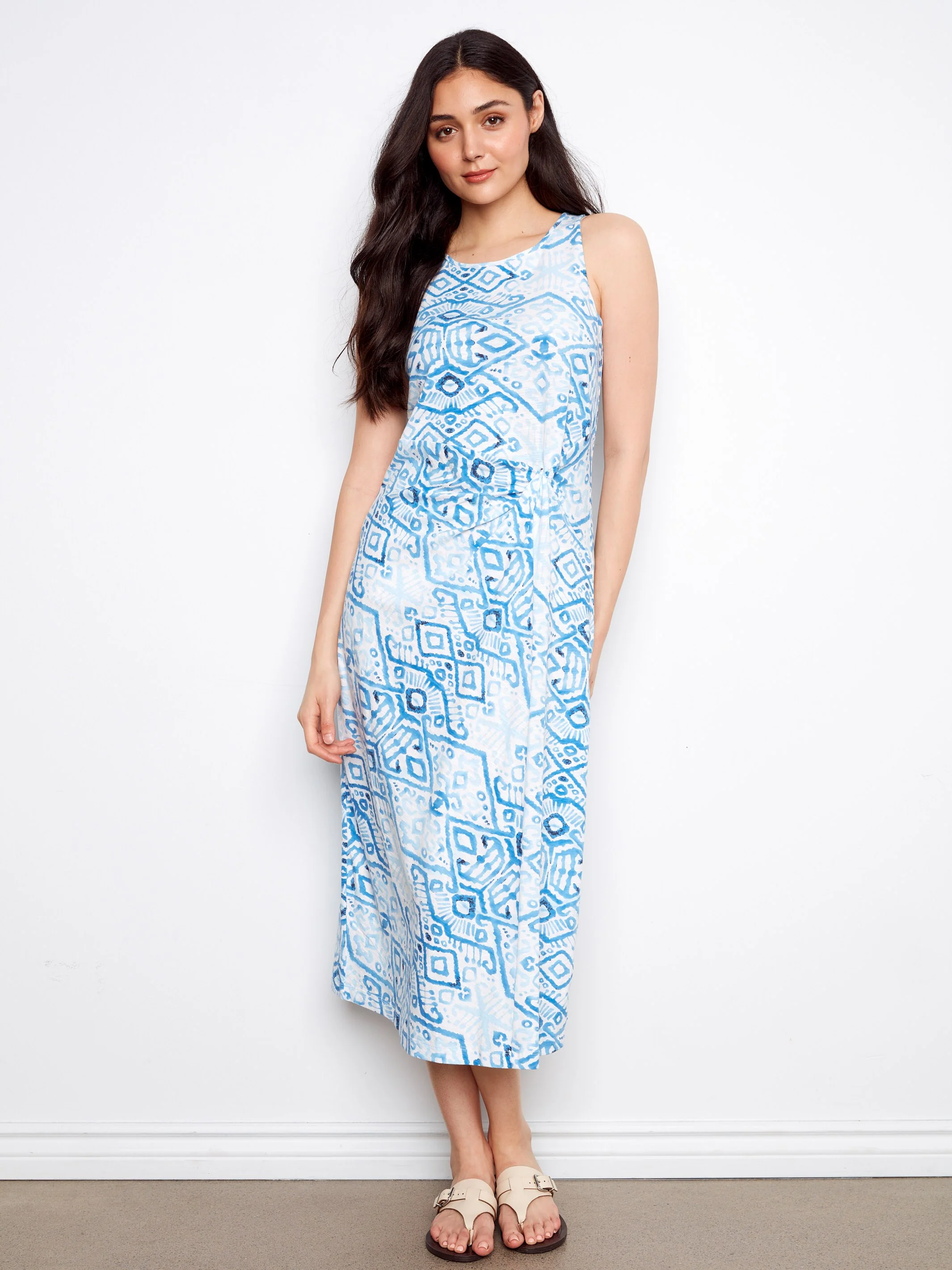 Printed Cotton Dress With Faux Knot Detail - Border