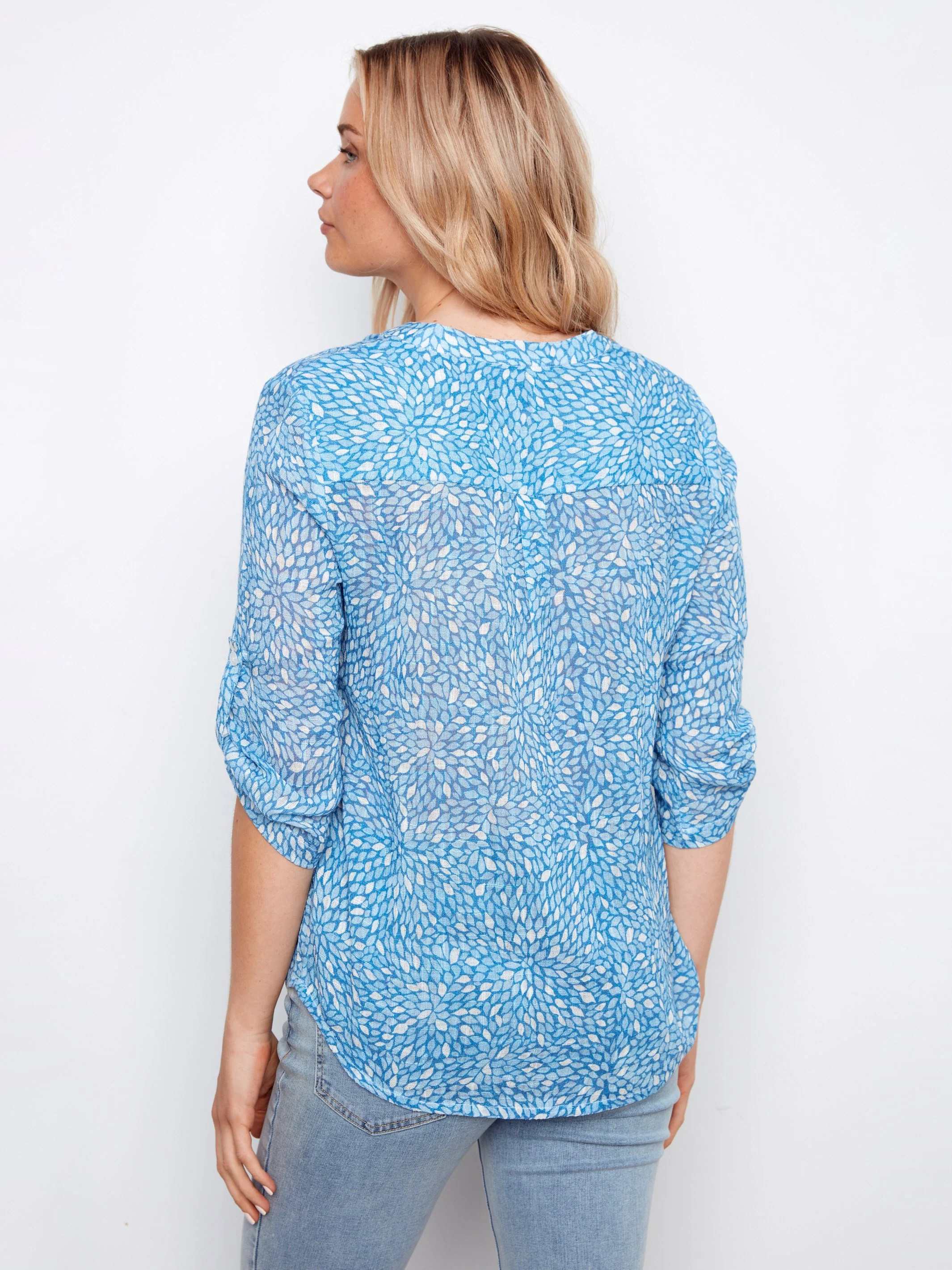 Printed Cotton Gauze Half-Button Blouse - Cascade - Image 6