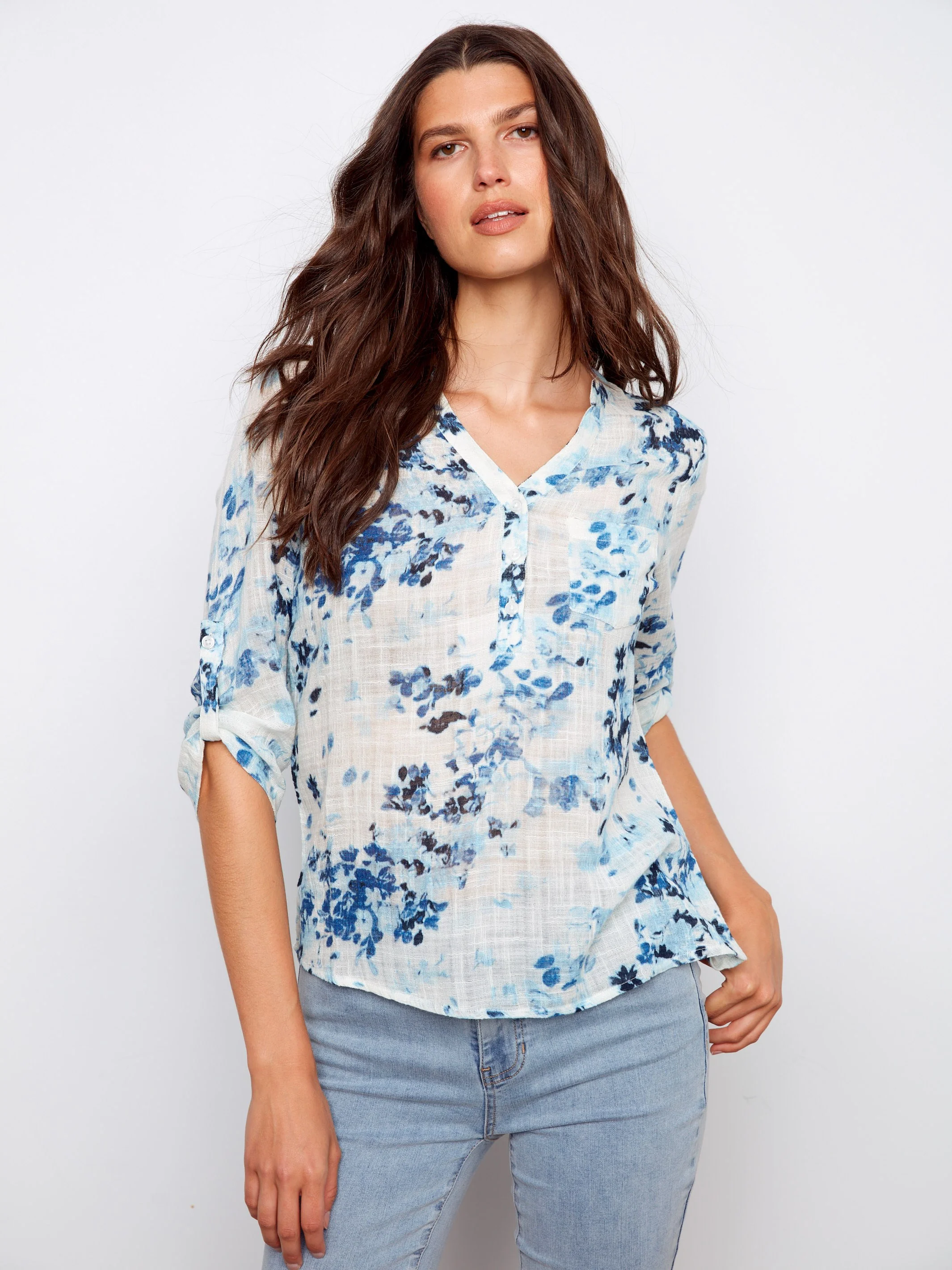 Printed Cotton Gauze Half-Button Blouse - Meadow - Image 3