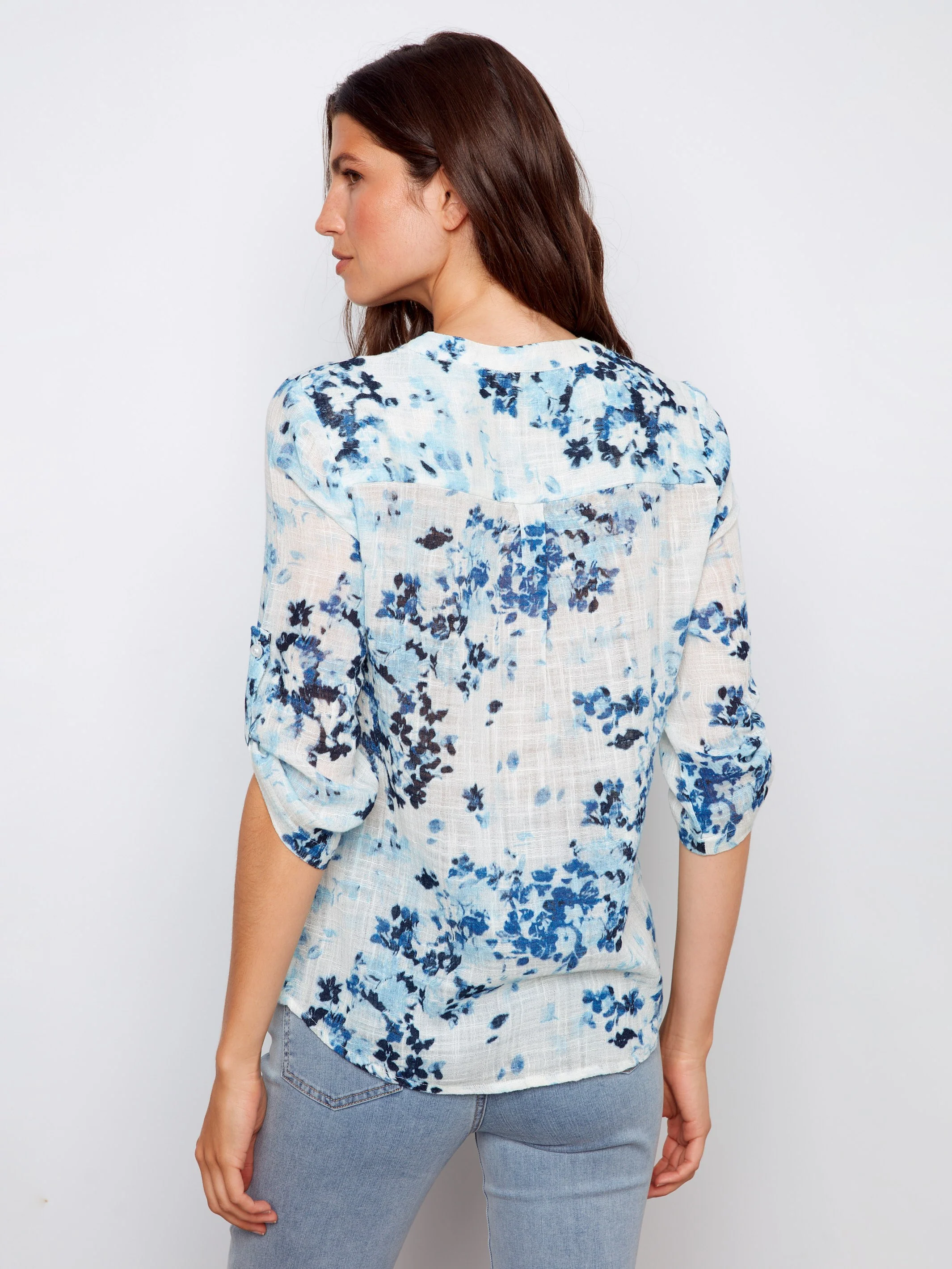Printed Cotton Gauze Half-Button Blouse - Meadow - Image 4