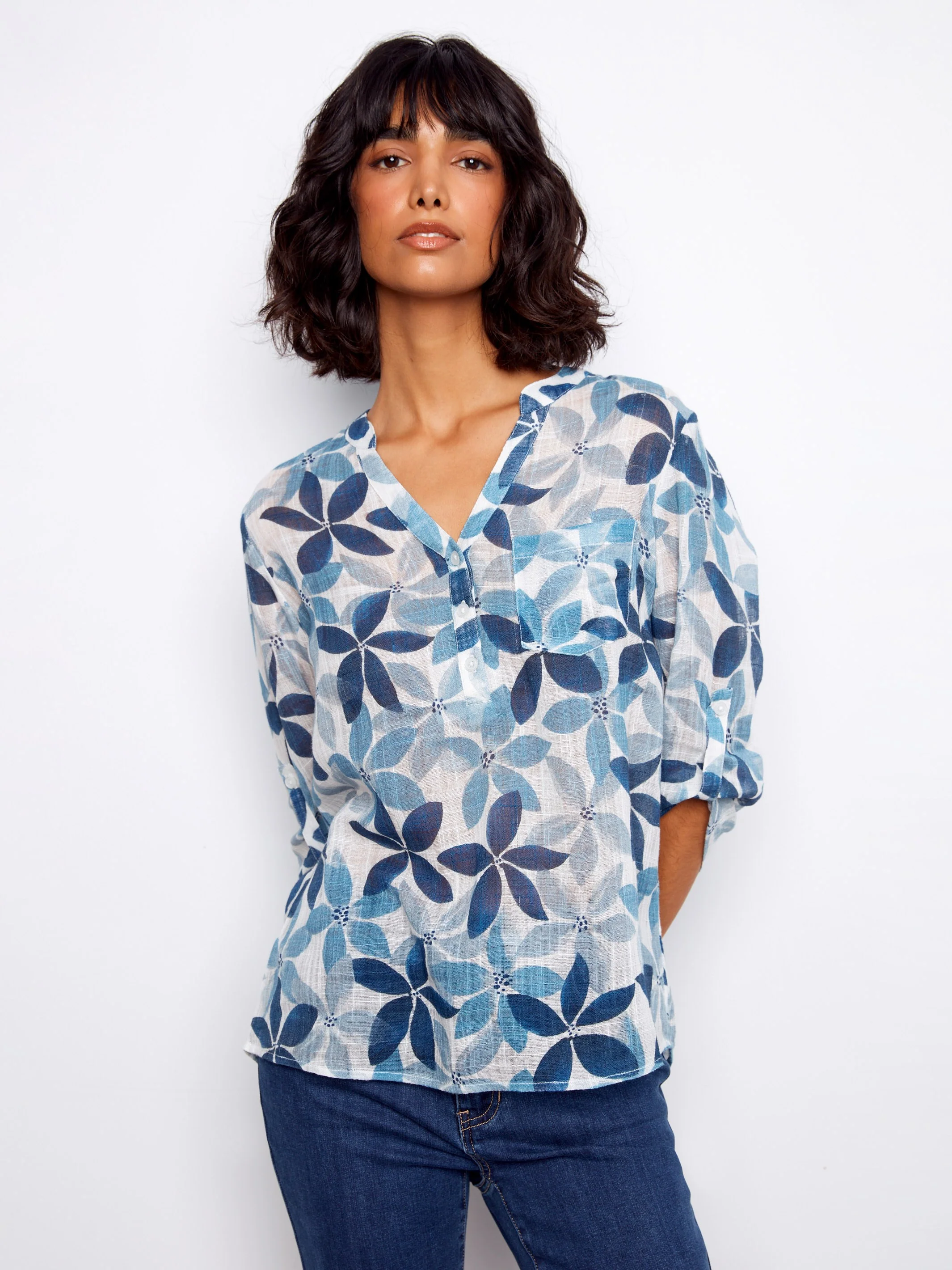 Printed Cotton Gauze Half-Button Blouse - Sapphire - Image 3