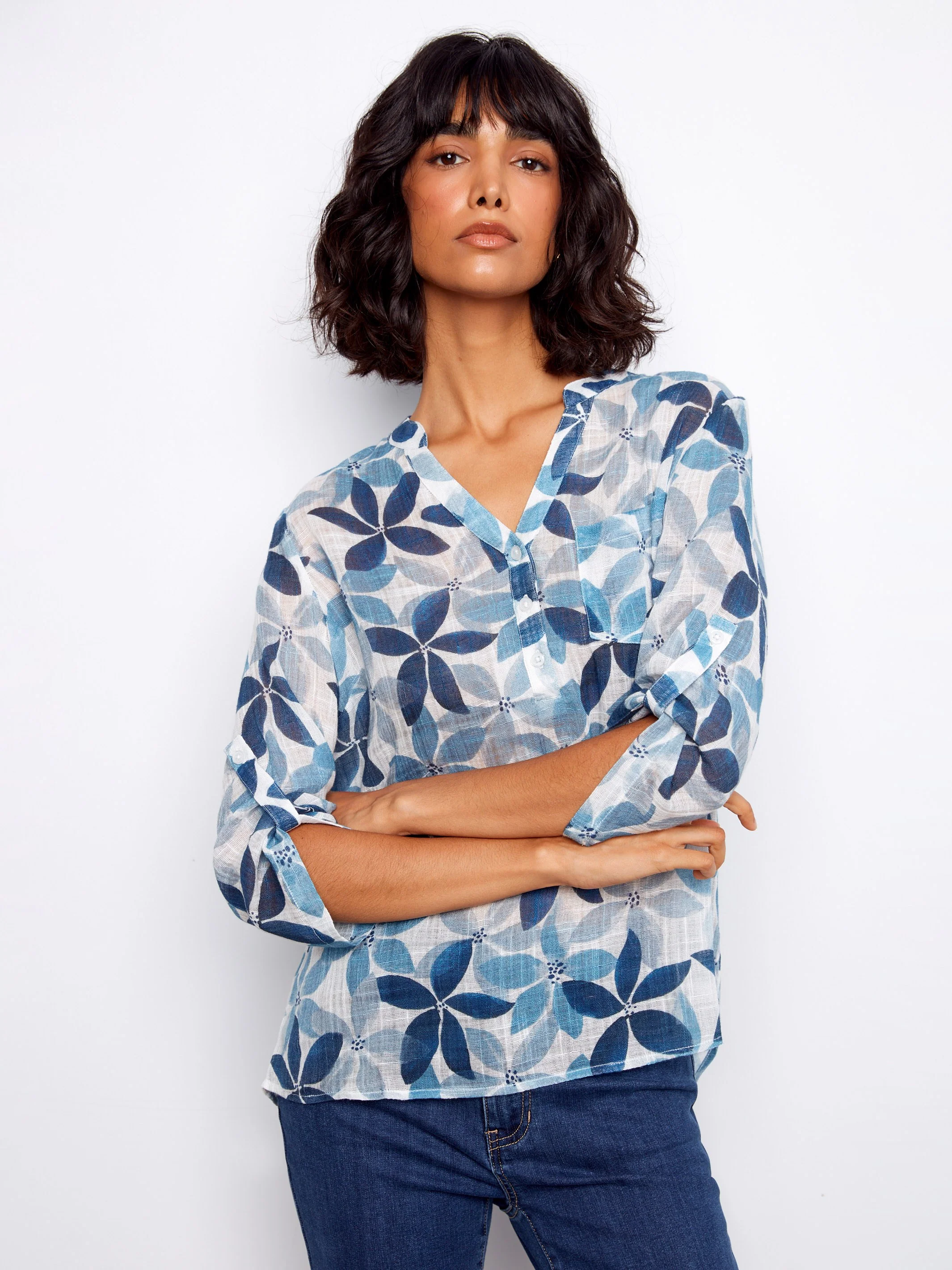 Printed Cotton Gauze Half-Button Blouse - Sapphire - Image 4