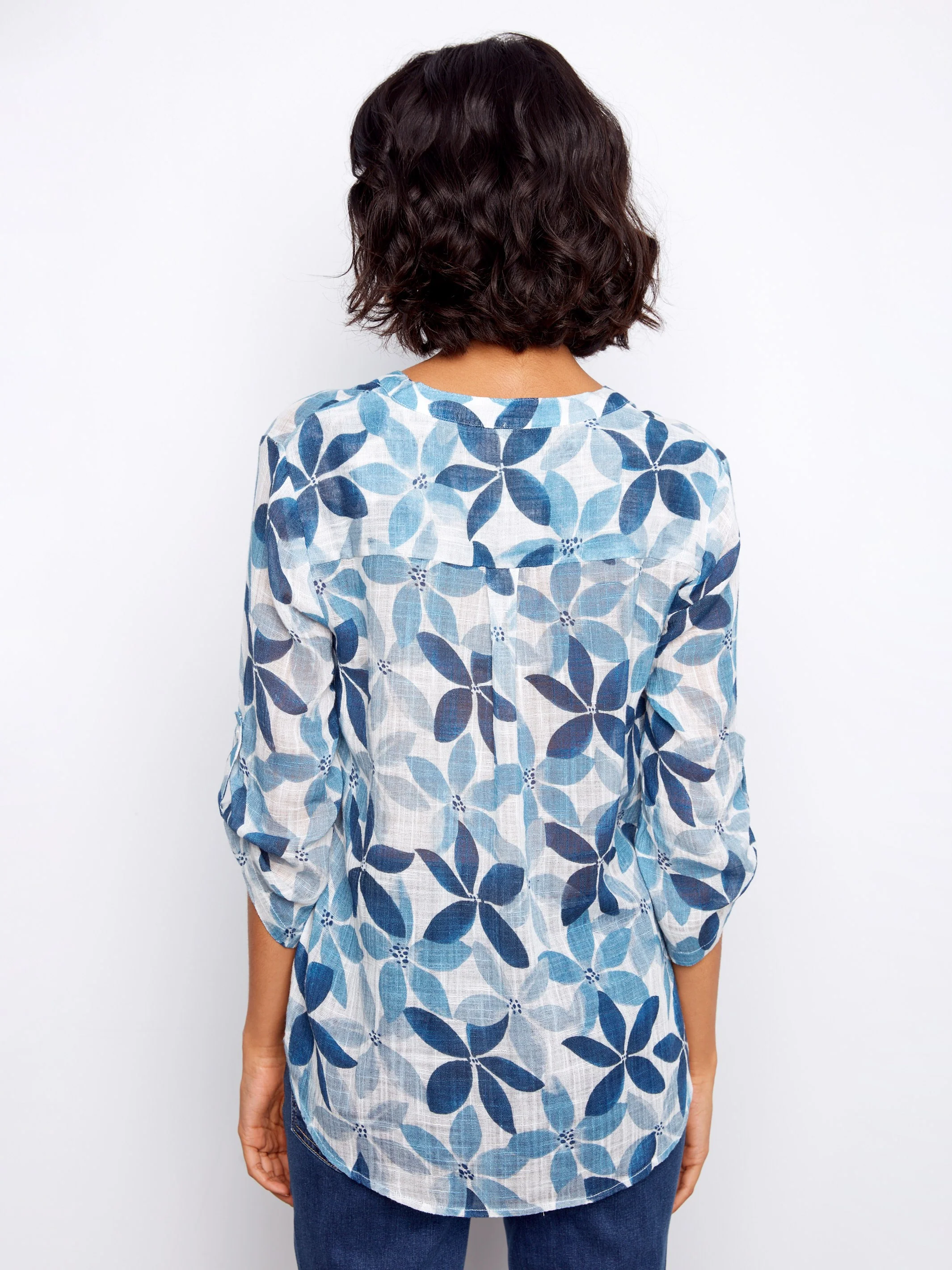 Printed Cotton Gauze Half-Button Blouse - Sapphire - Image 5