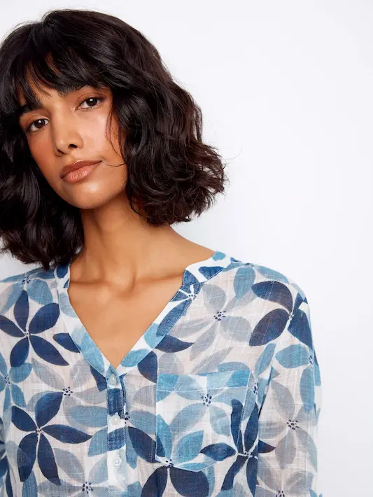 Printed Cotton Gauze Half-Button Blouse - Sapphire - Image 6