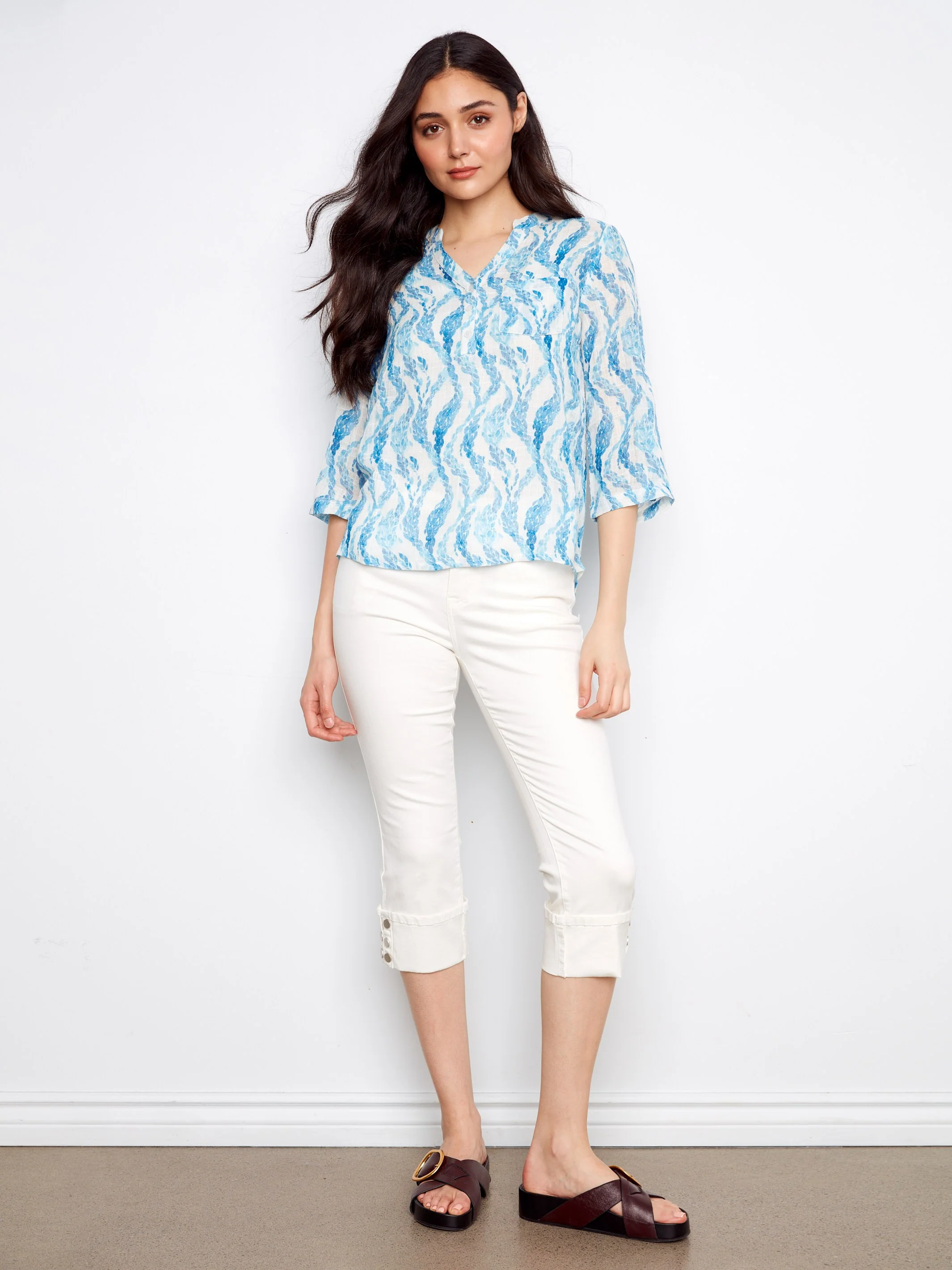 Printed Cotton Gauze Half-Button Blouse - Tidevine - Image 2