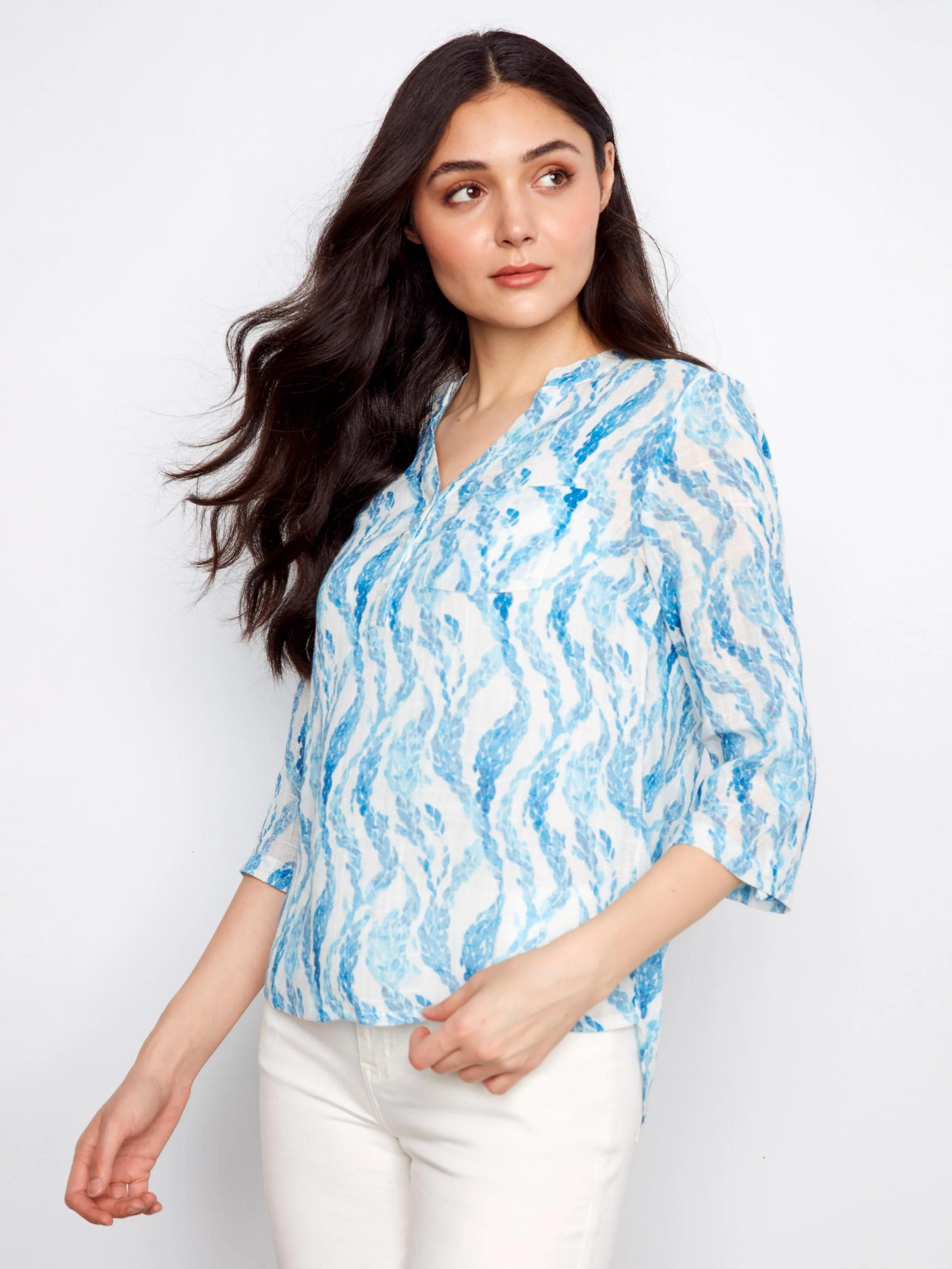 Printed Cotton Gauze Half-Button Blouse - Tidevine - Image 3