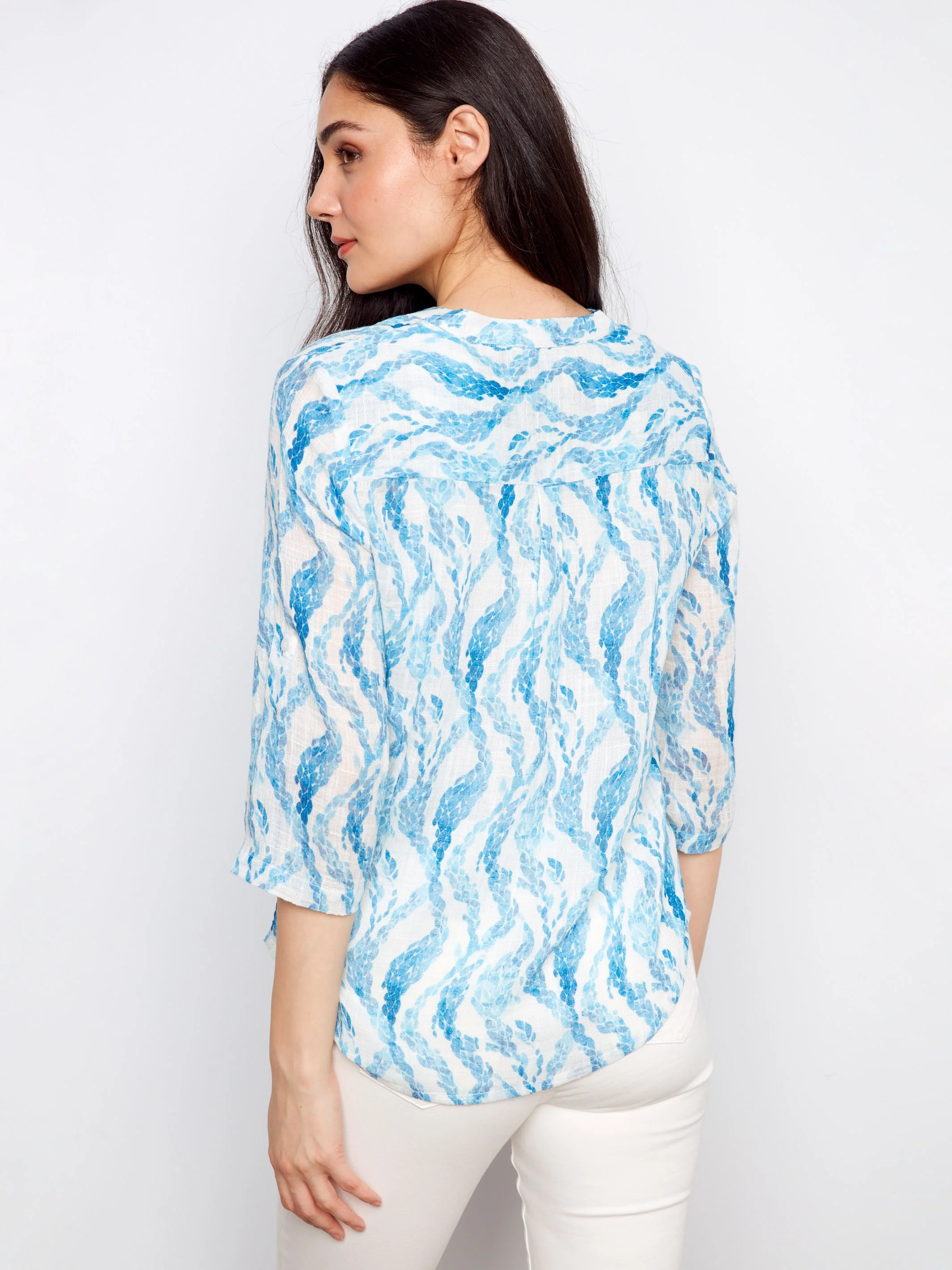Printed Cotton Gauze Half-Button Blouse - Tidevine - Image 4