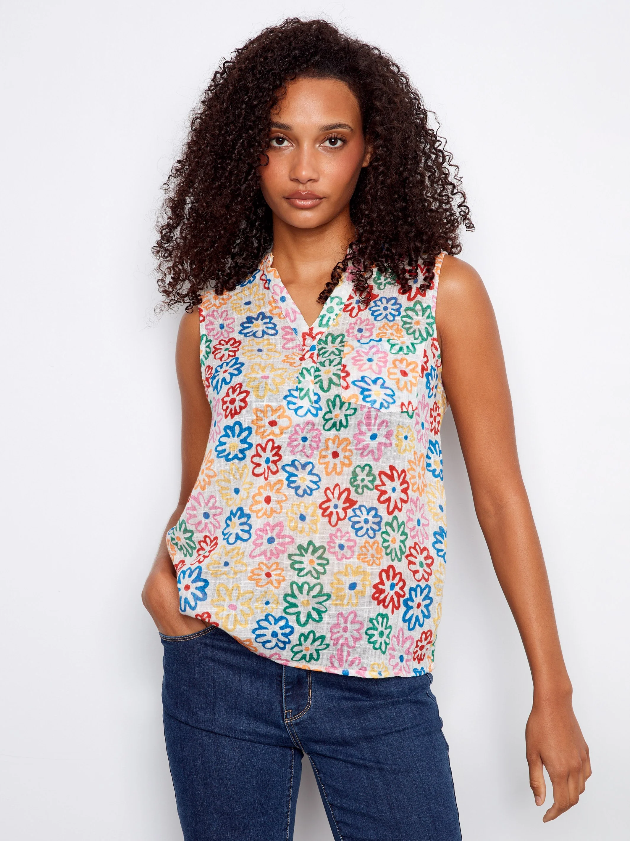 Printed Cotton Gauze Sleeveless Shirt - Graffiti - Image 3