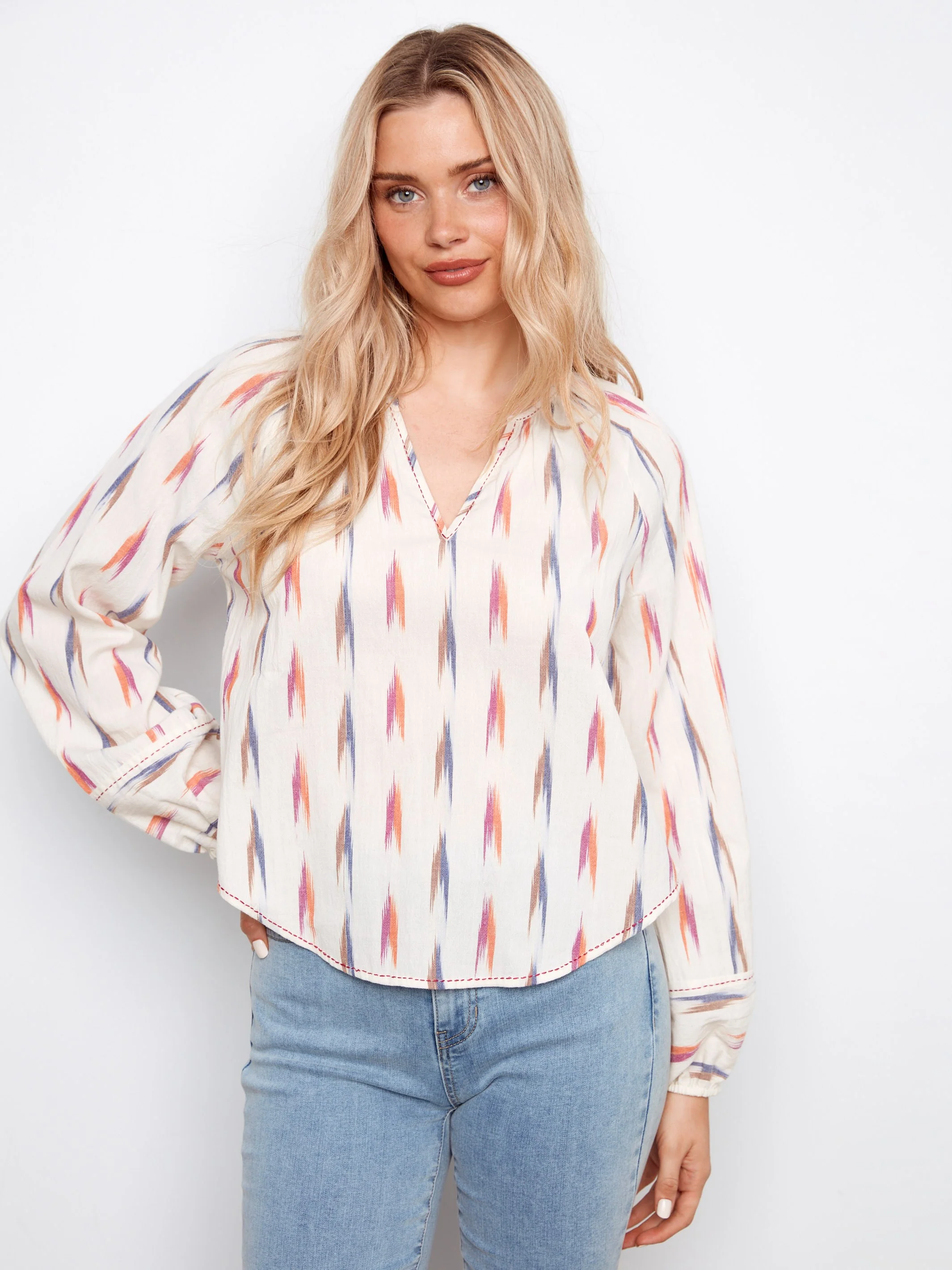 Printed Cotton Raglan Blouse - Ikat