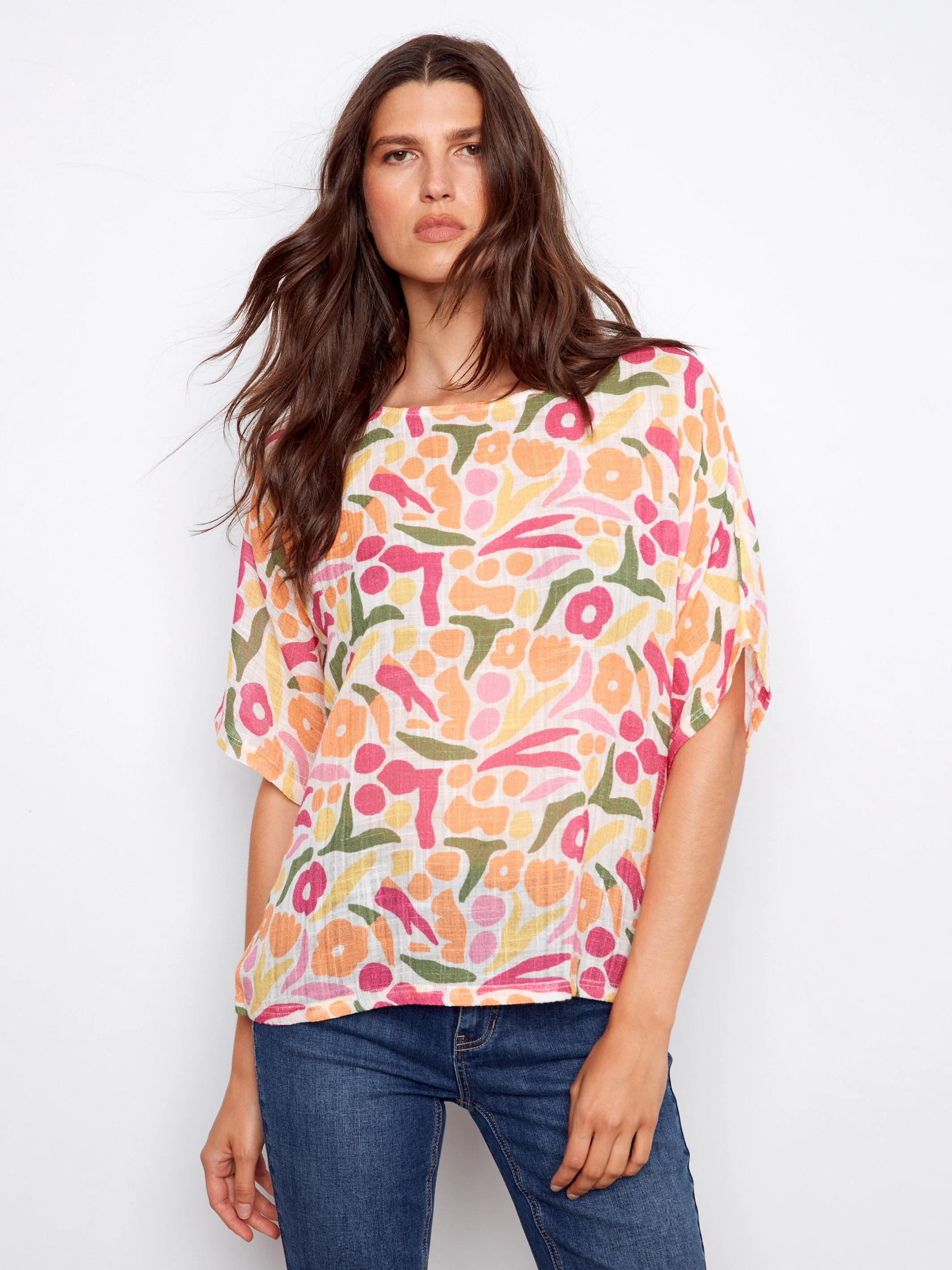 Printed Dolman Cotton Blend Blouse - Sunburst