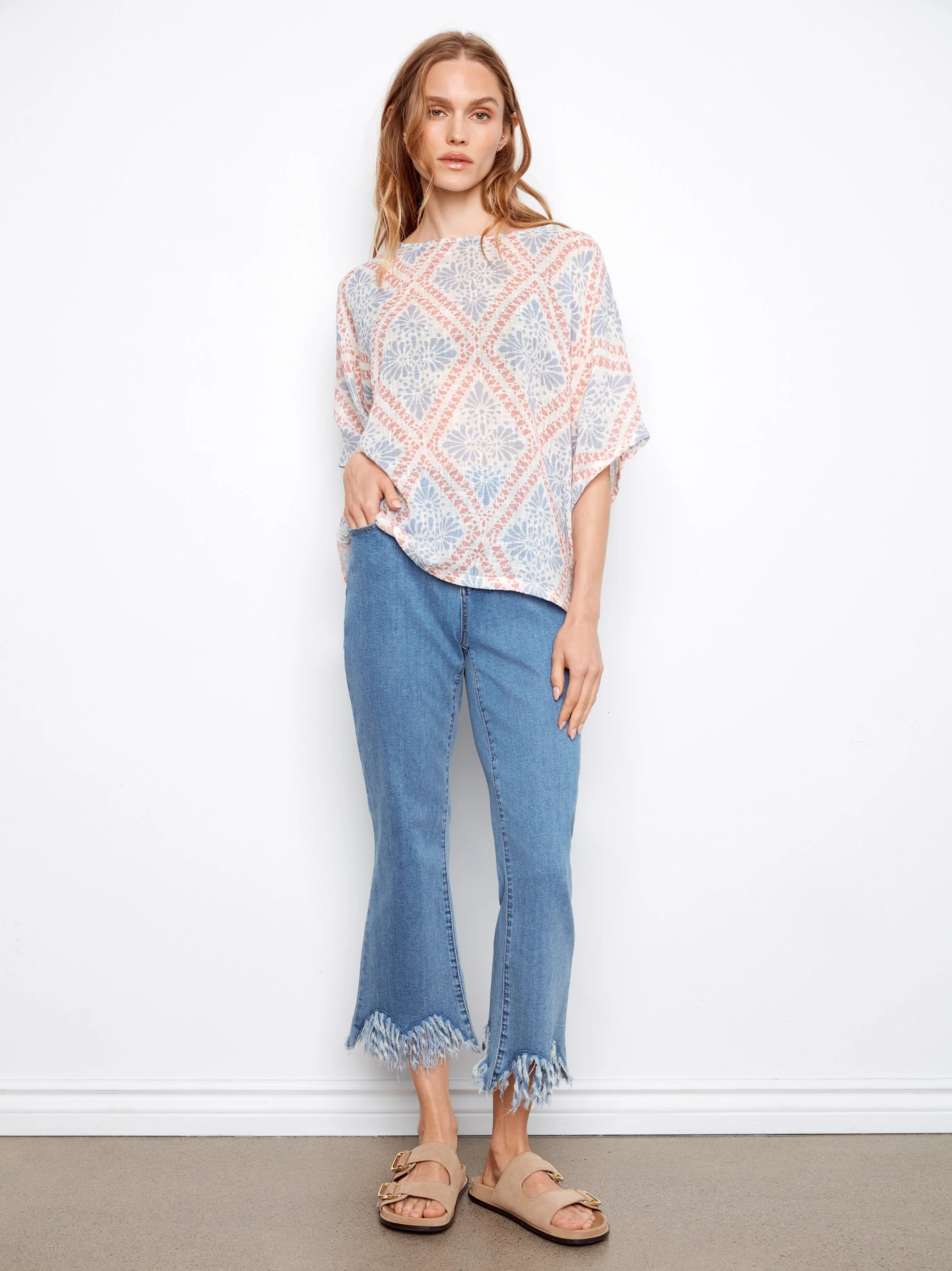 Printed Dolman Cotton Blend Blouse - Trellis - Image 2