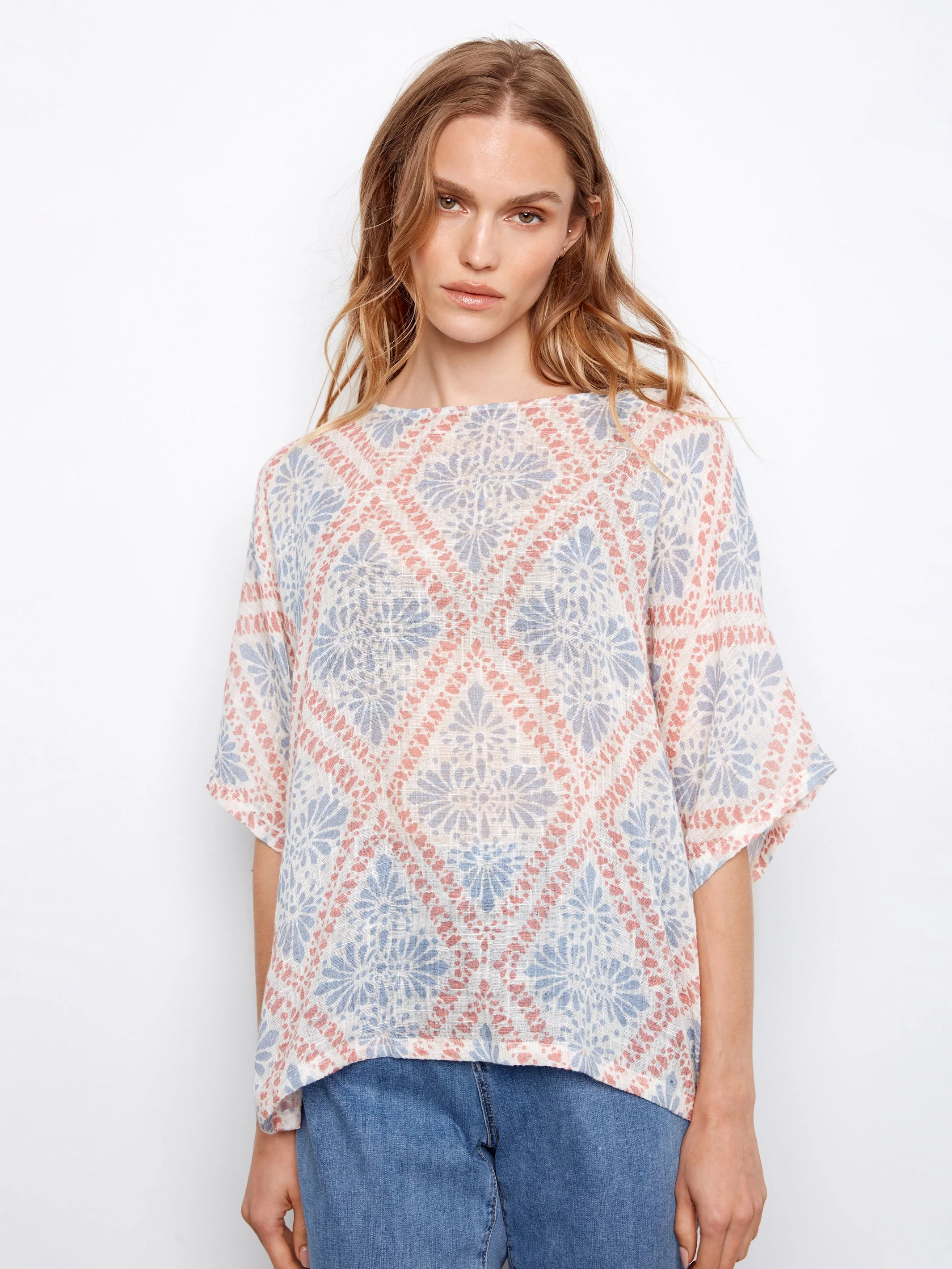Printed Dolman Cotton Blend Blouse - Trellis - Image 3