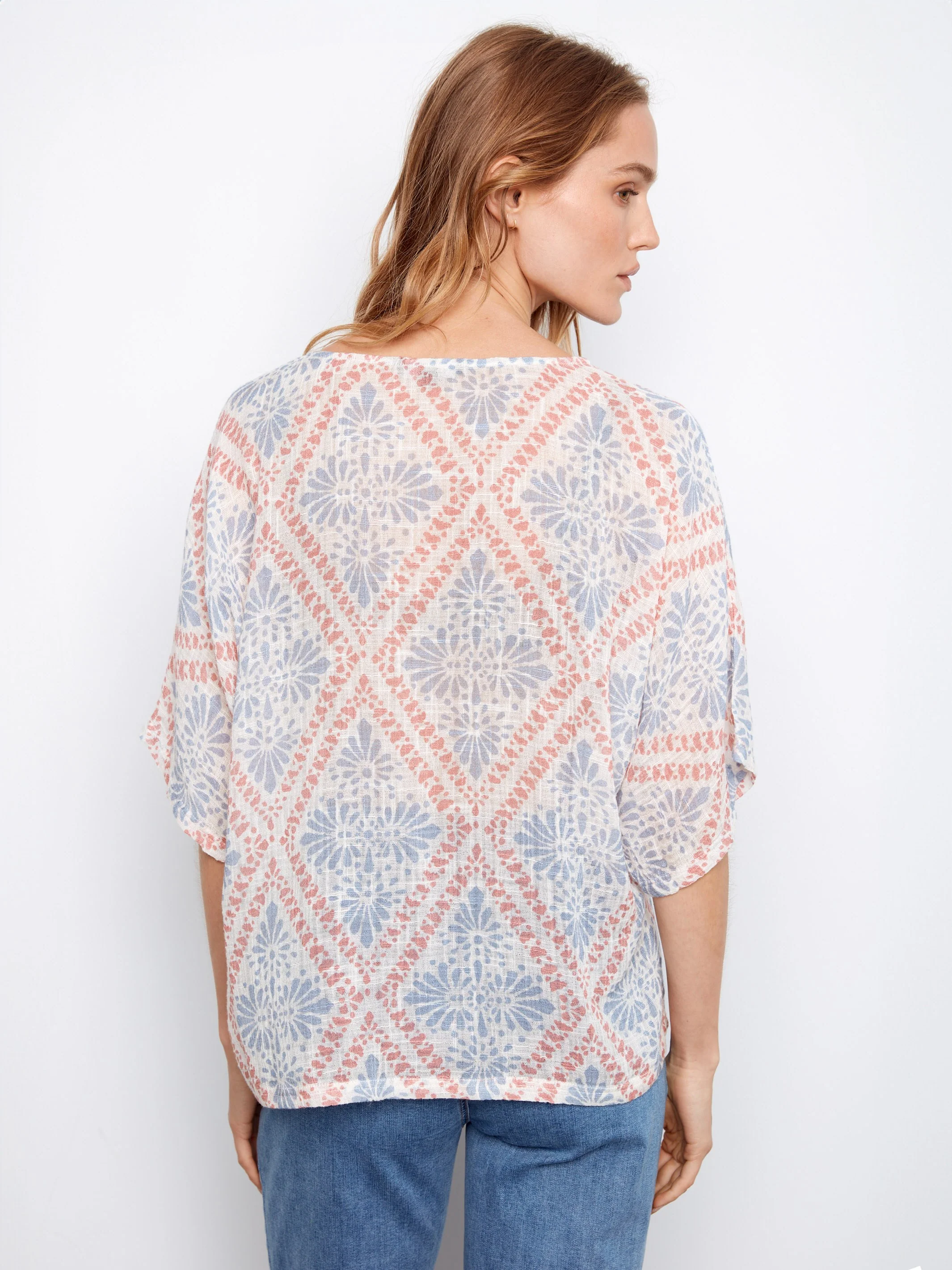 Printed Dolman Cotton Blend Blouse - Trellis - Image 4