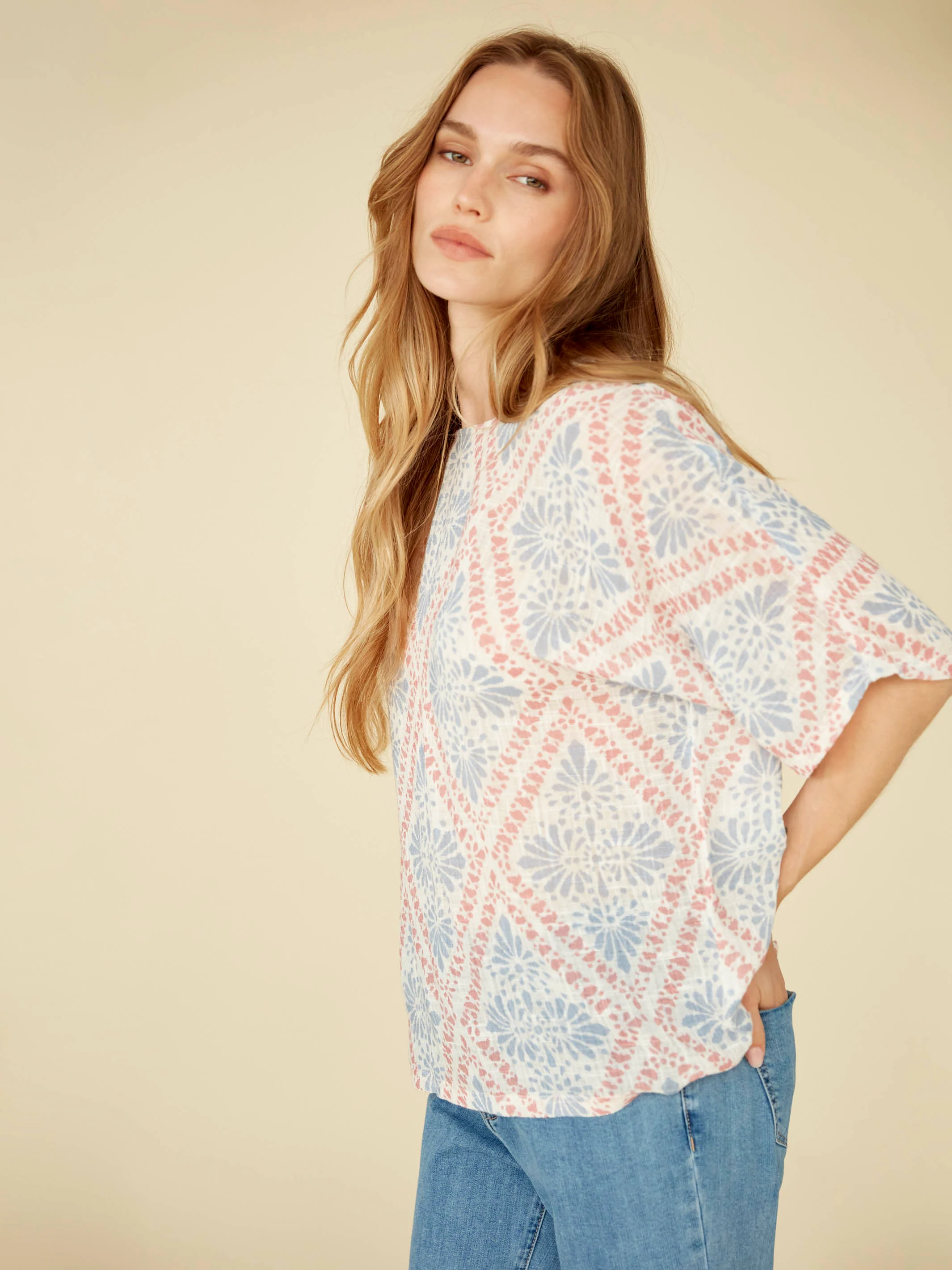 Printed Dolman Cotton Blend Blouse - Trellis - Image 5