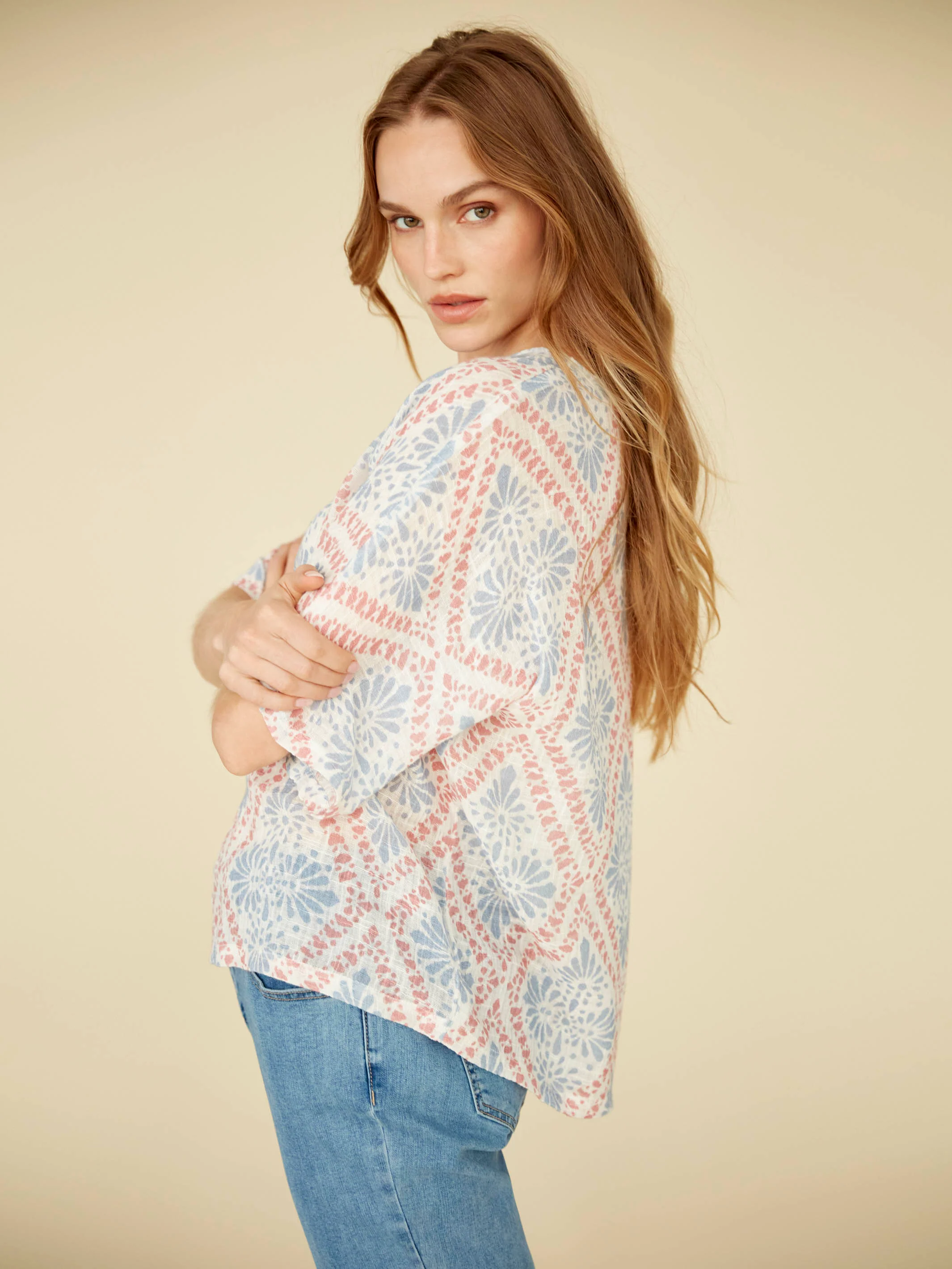 Printed Dolman Cotton Blend Blouse - Trellis - Image 7
