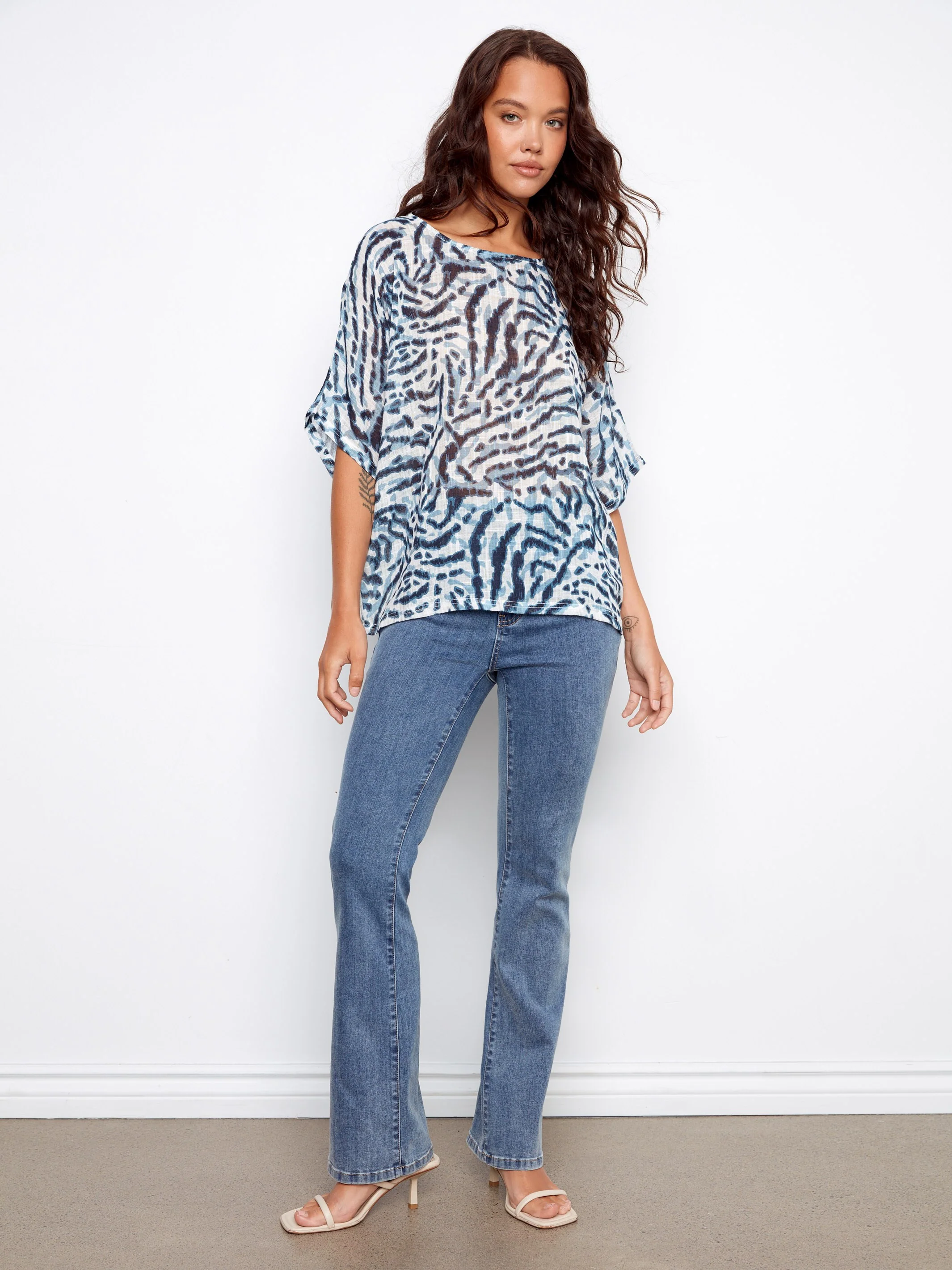 Printed Dolman Cotton Blend Blouse - Zebra - Image 4