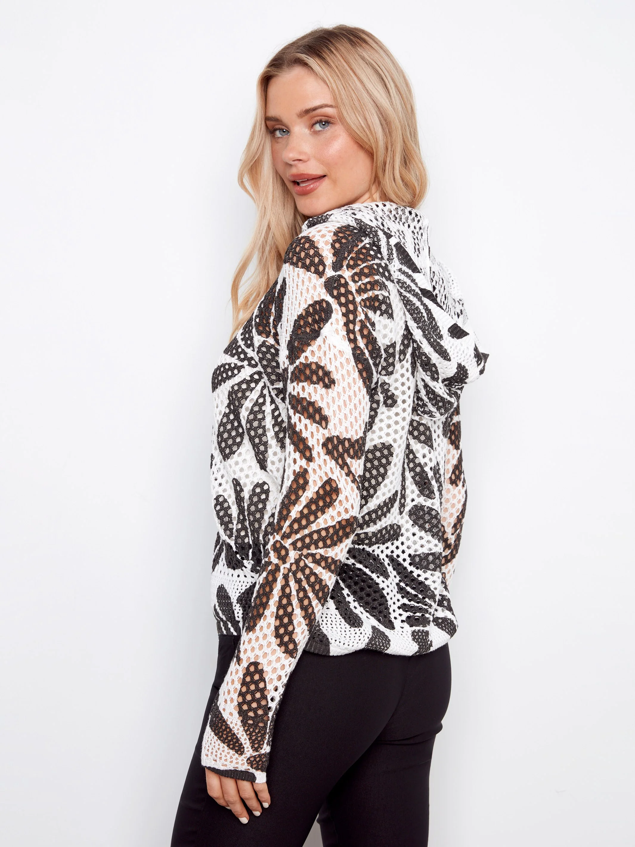 Printed Fishnet Crochet Hoodie Sweater - Darcy - Image 4