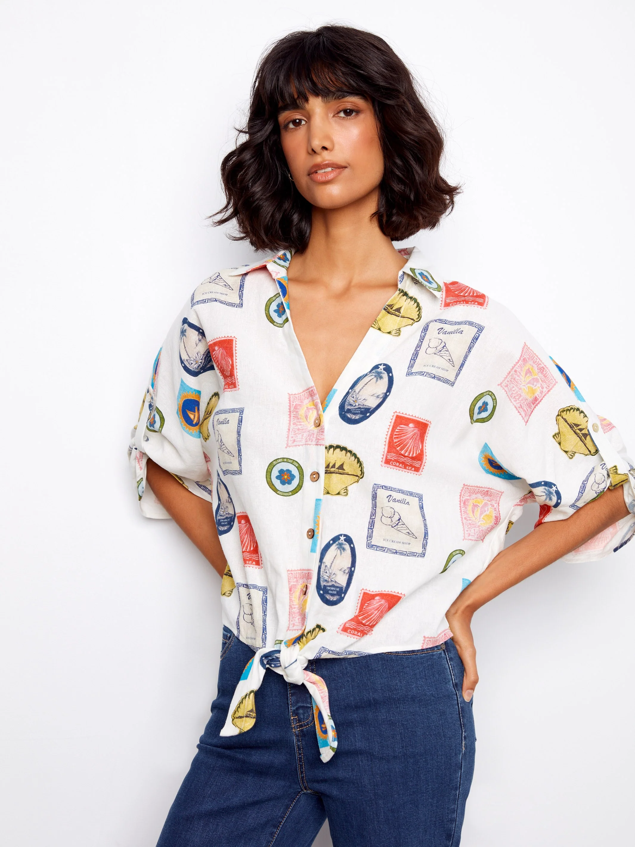 Printed Linen Blend Front-Tie Blouse - Postcard - Image 4