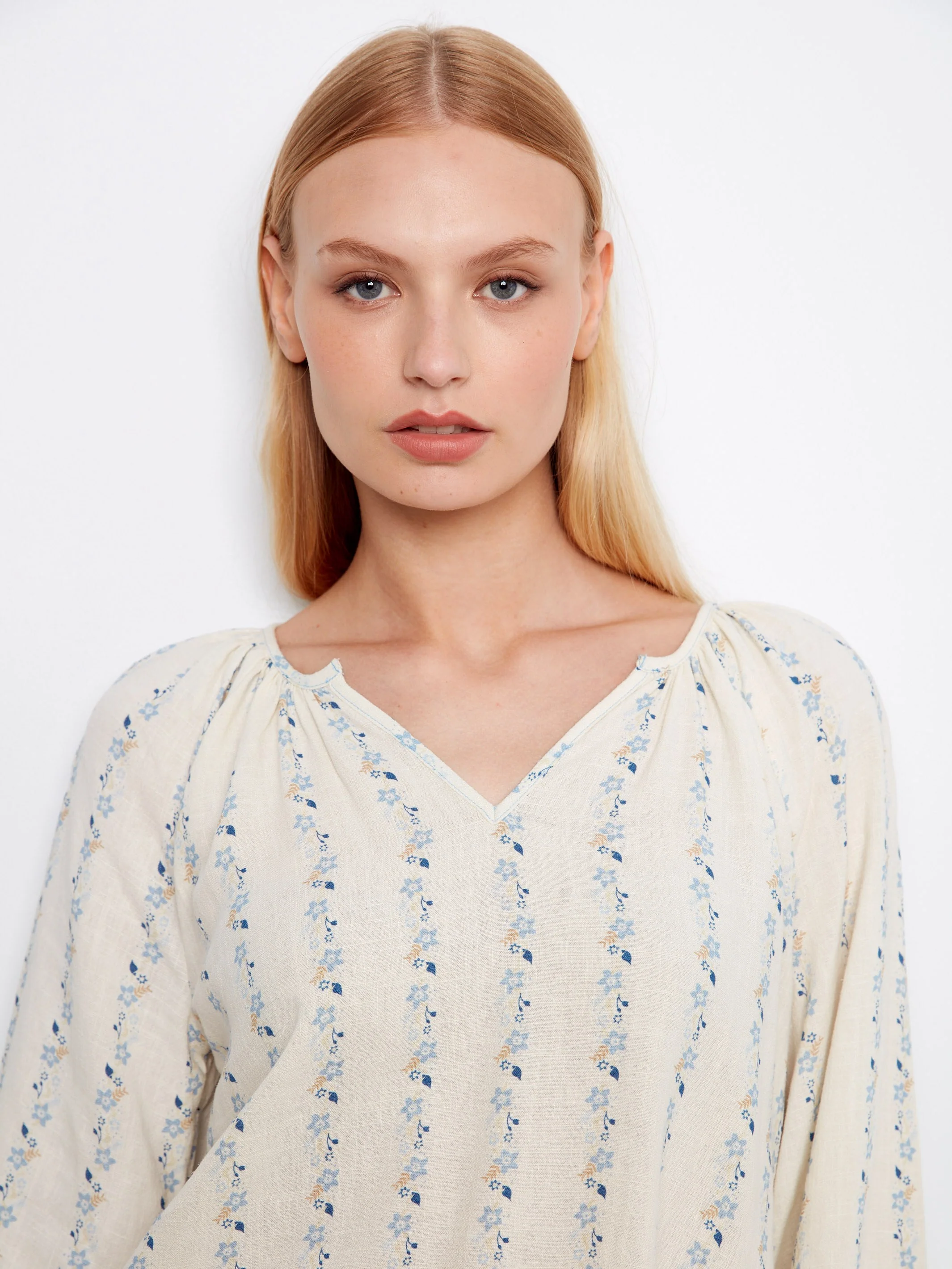 Printed Linen Blend Raglan Blouse - Petaline - Image 3