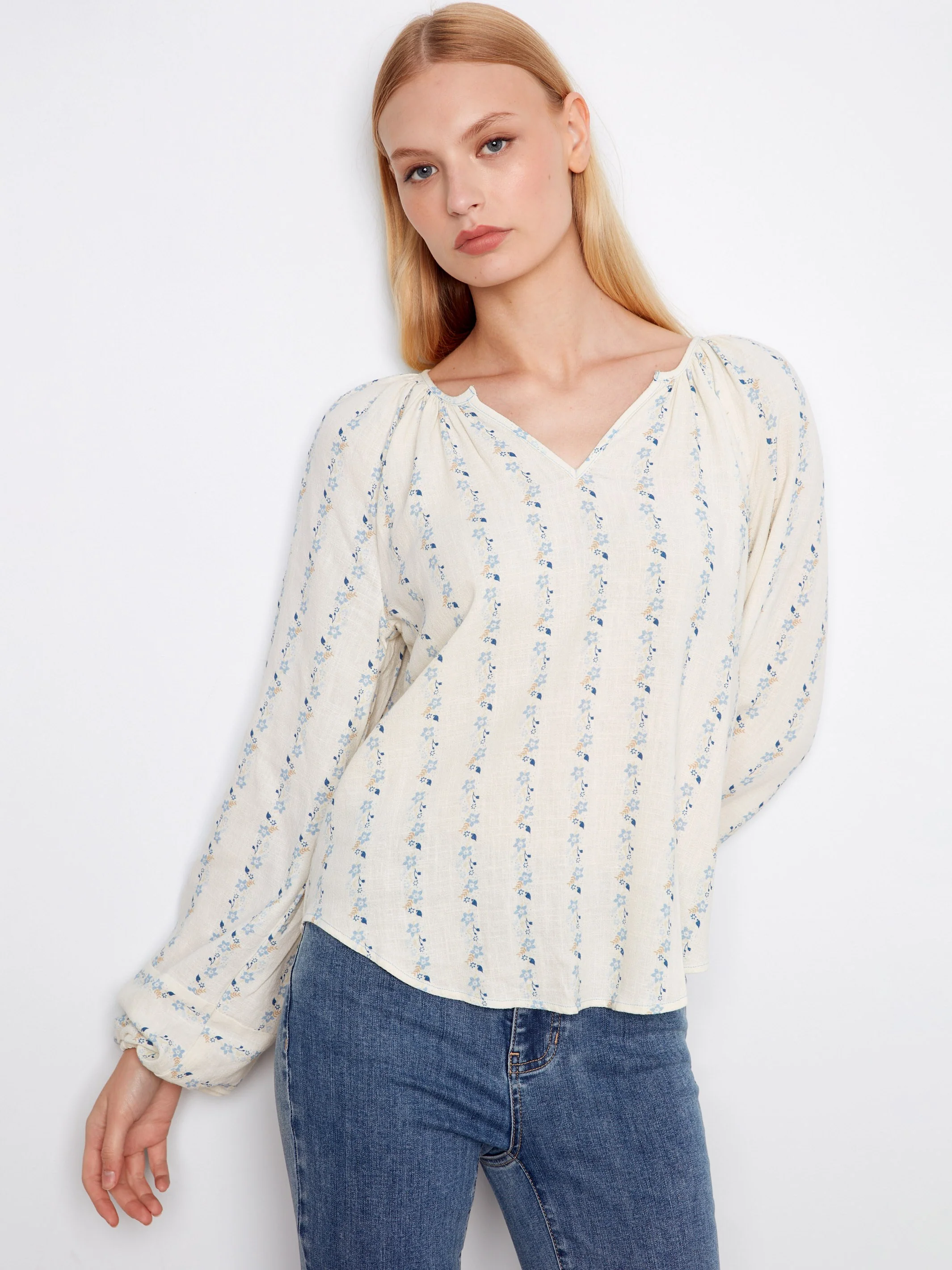 Printed Linen Blend Raglan Blouse - Petaline - Image 4