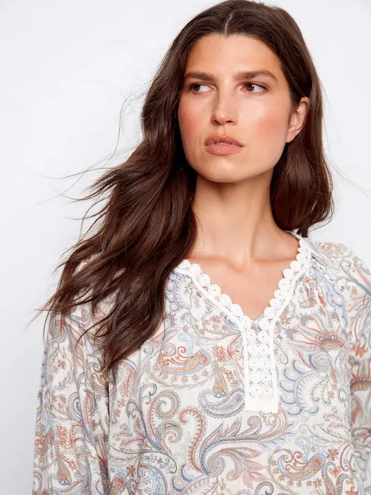 Printed Linen Blend Raglan Blouse With Crochet Trim - Chintz - Image 6