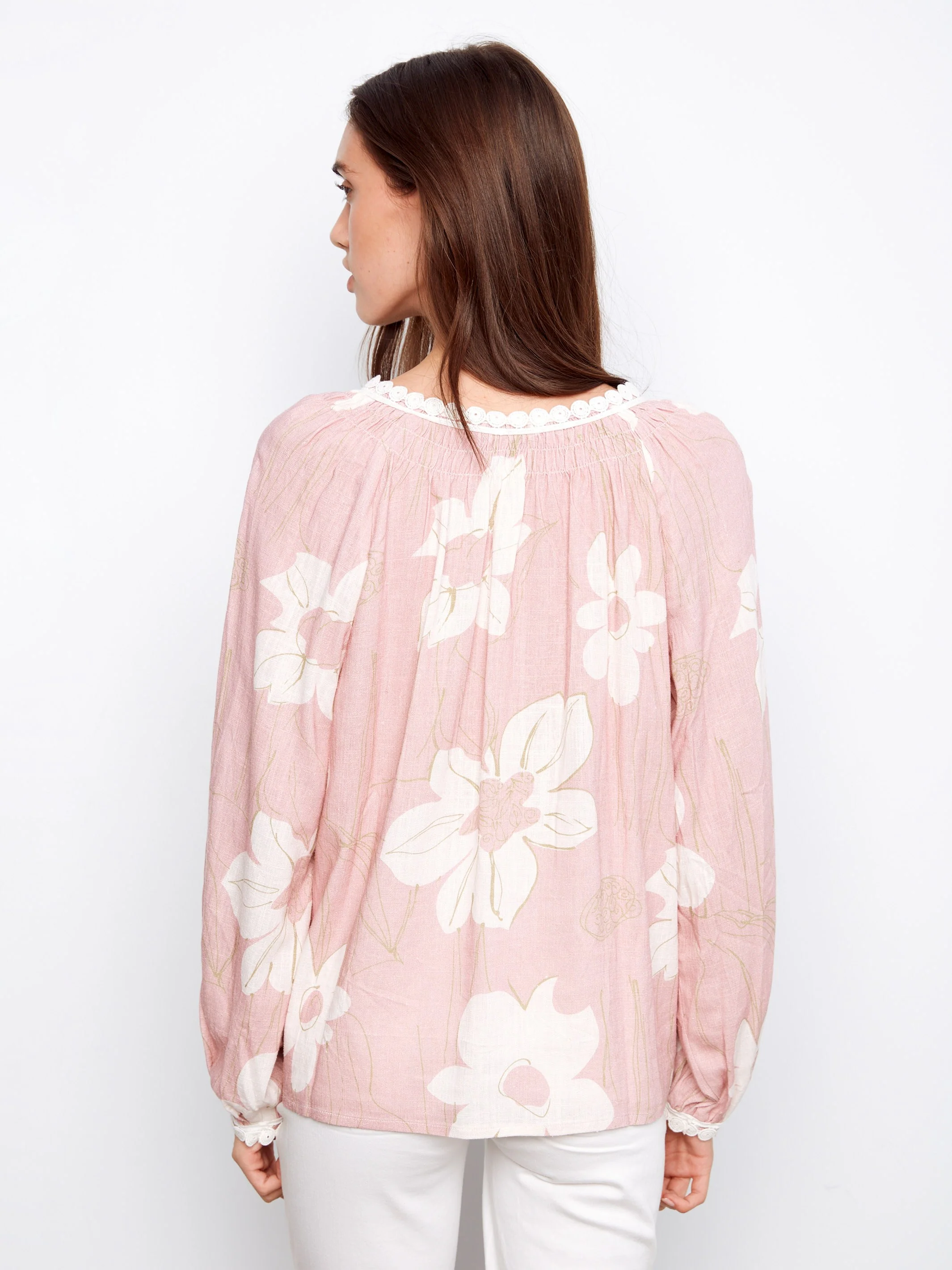 Printed Linen Blend Raglan Blouse With Crochet Trim - Ophelia - Image 4