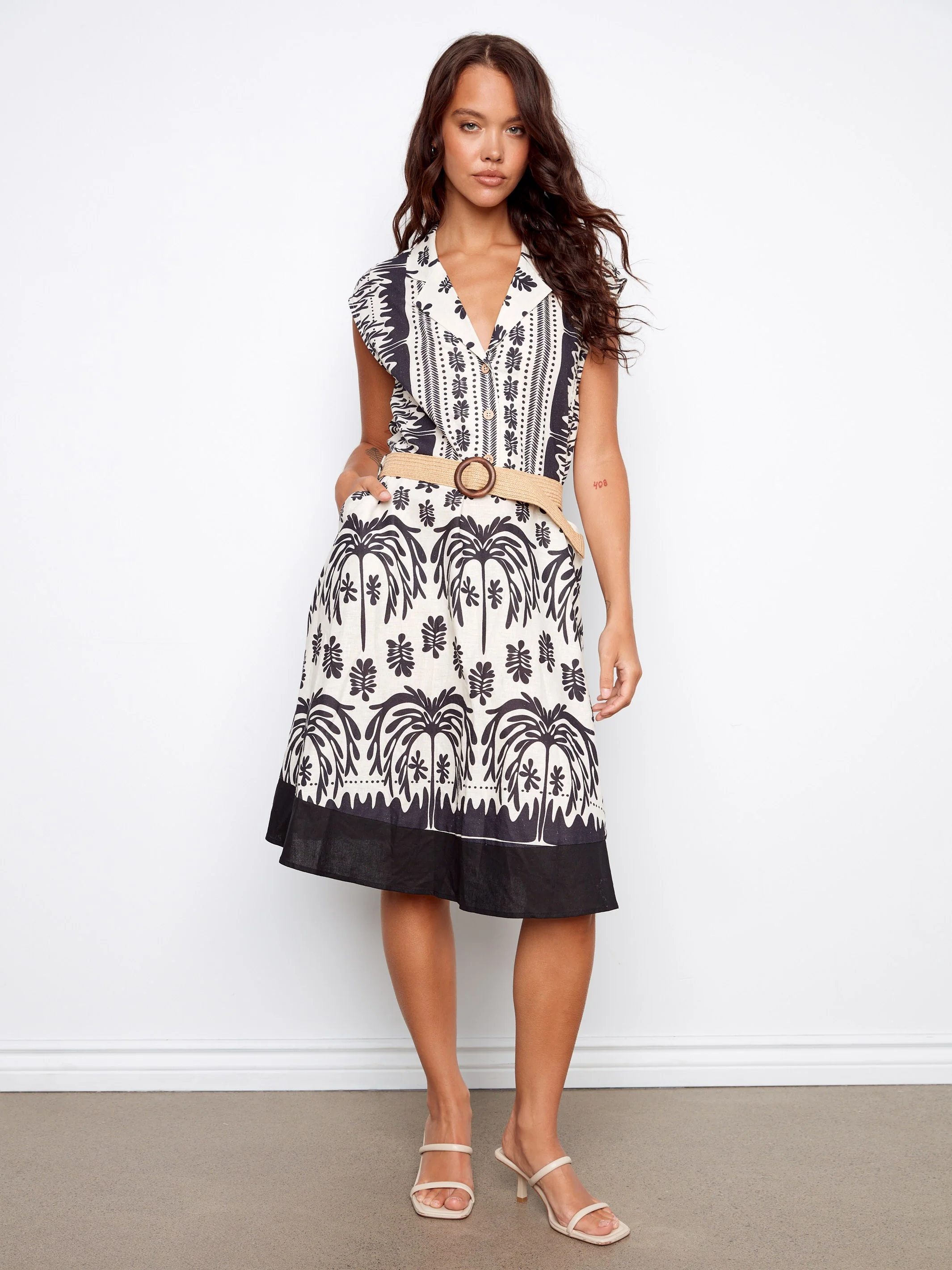 Printed Linen Cotton Dress With Straw Belt - Oasis - Image 5