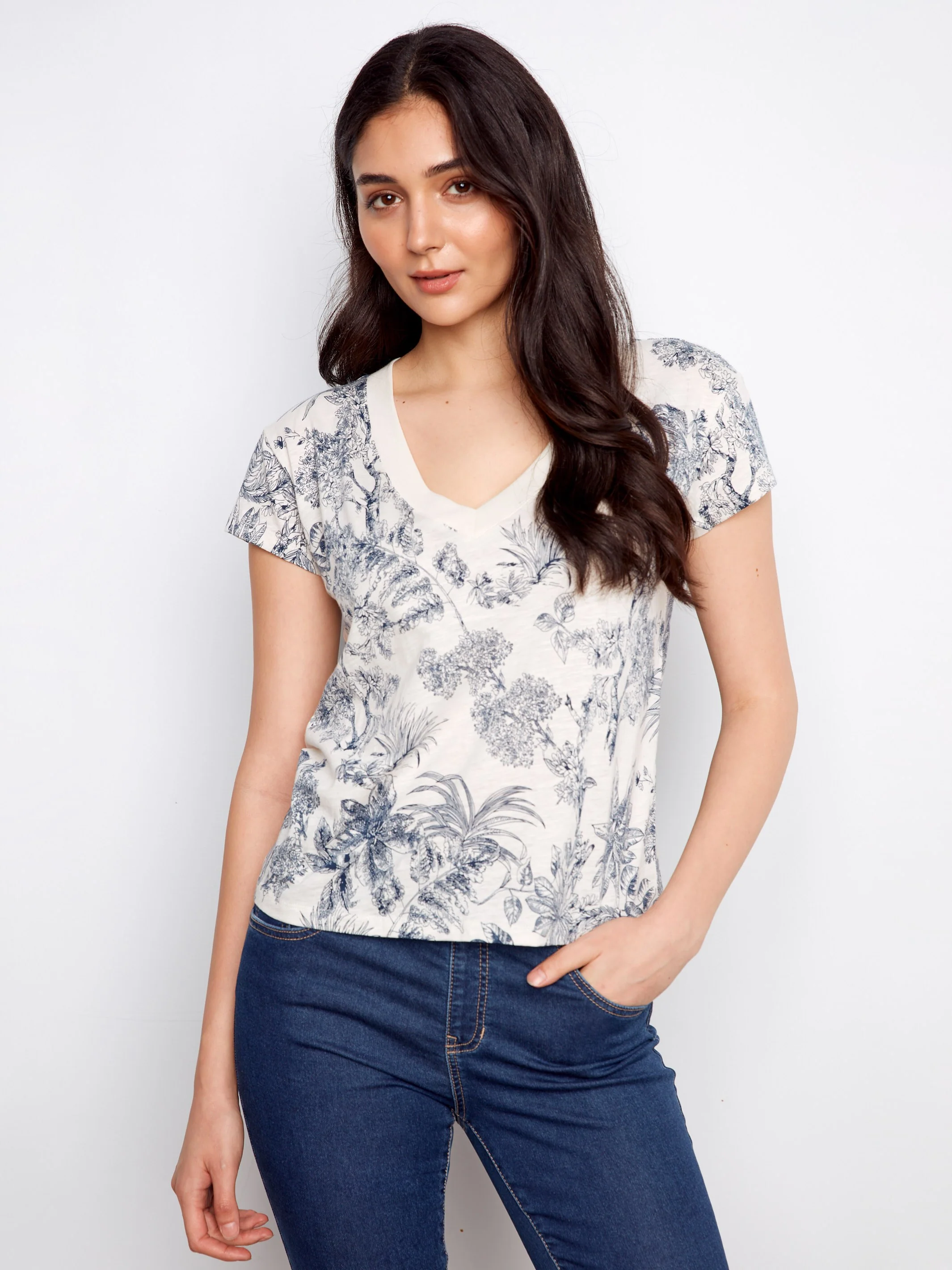 Printed Organic Cotton Drop Shoulder V-Neck T-Shirt - Versailles