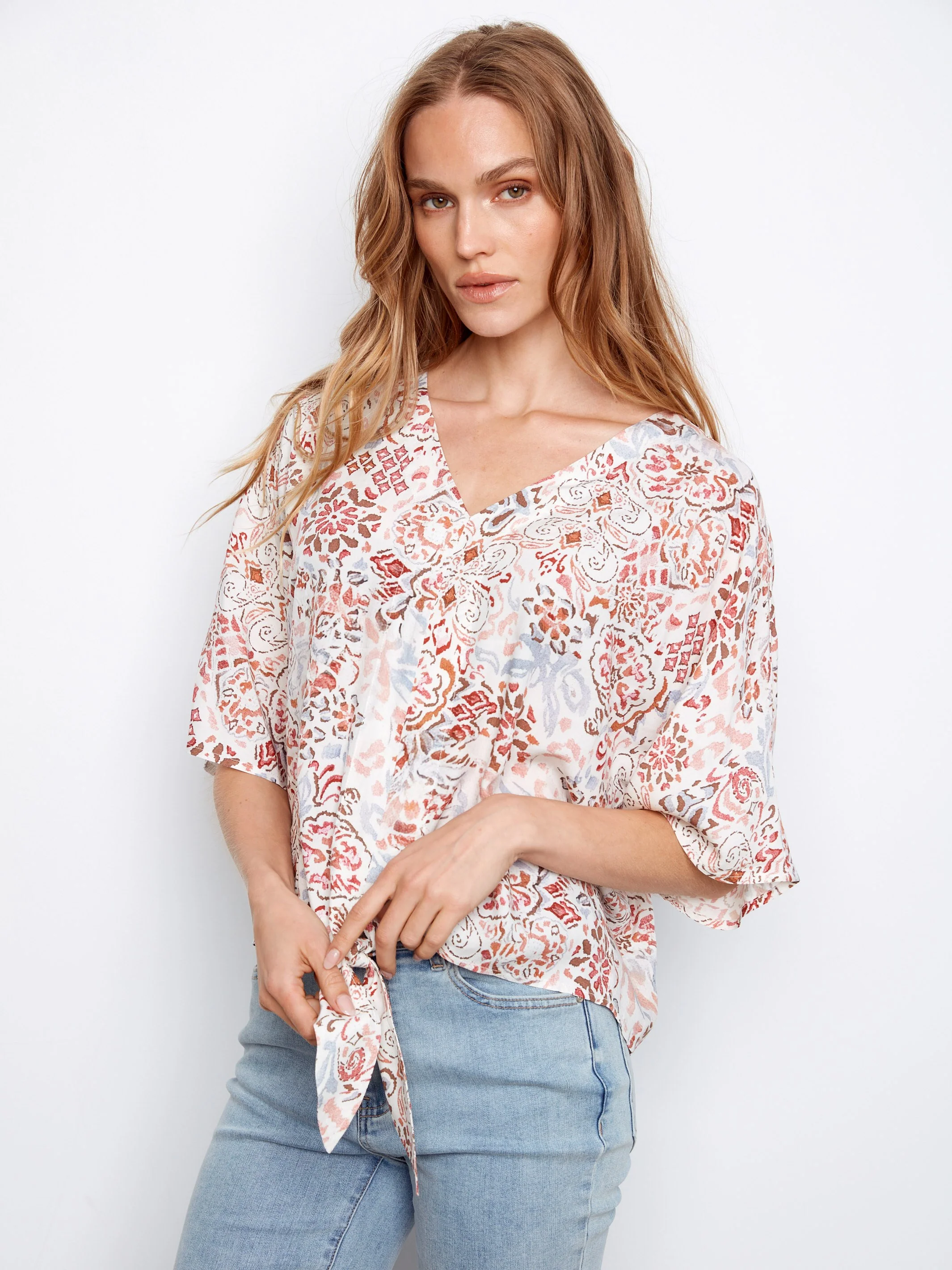 Printed Popover Blouse With Front Tie - Bea - Image 2
