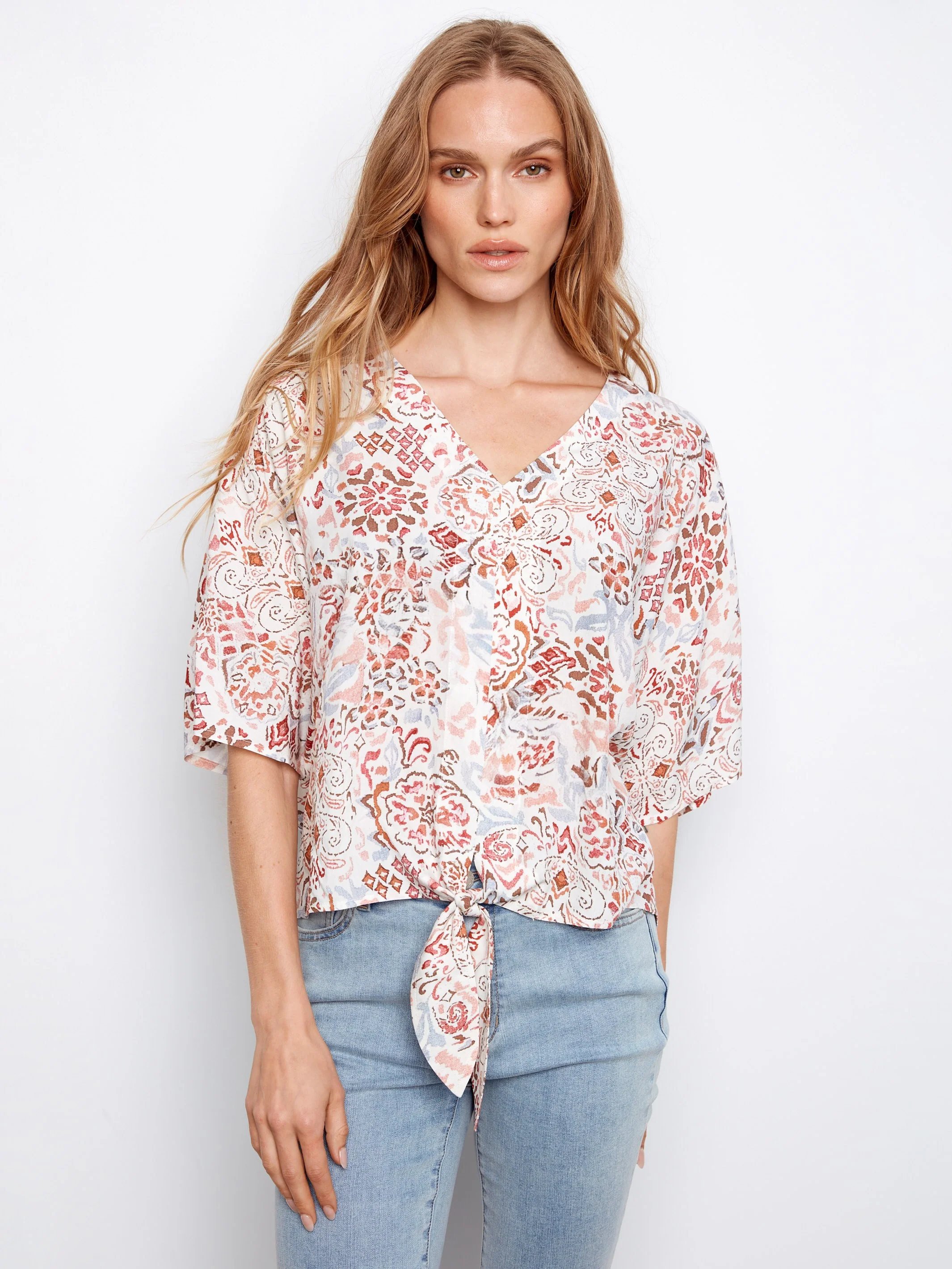 Printed Popover Blouse With Front Tie - Bea - Image 4