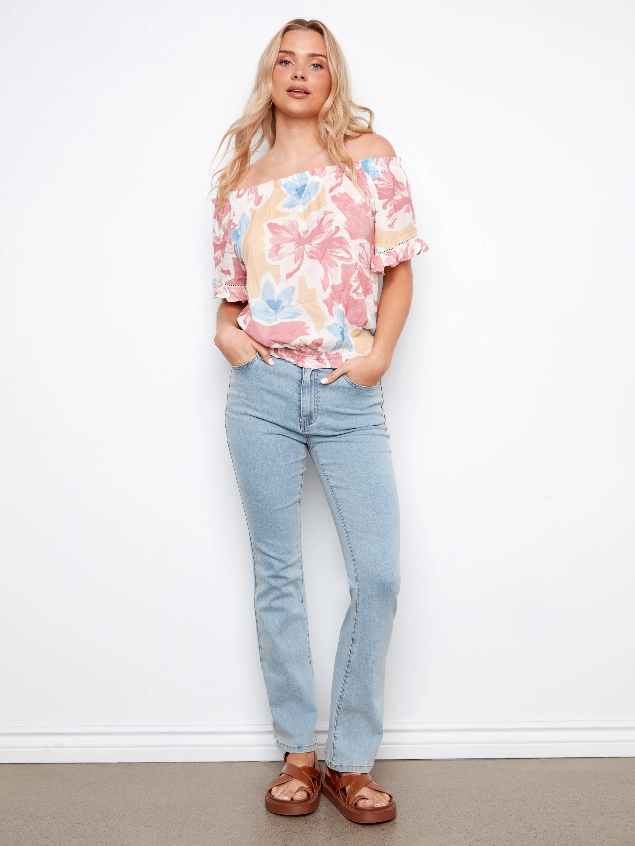 Printed Short Sleeve Off-Shoulder Blouse - Flowery - Image 6
