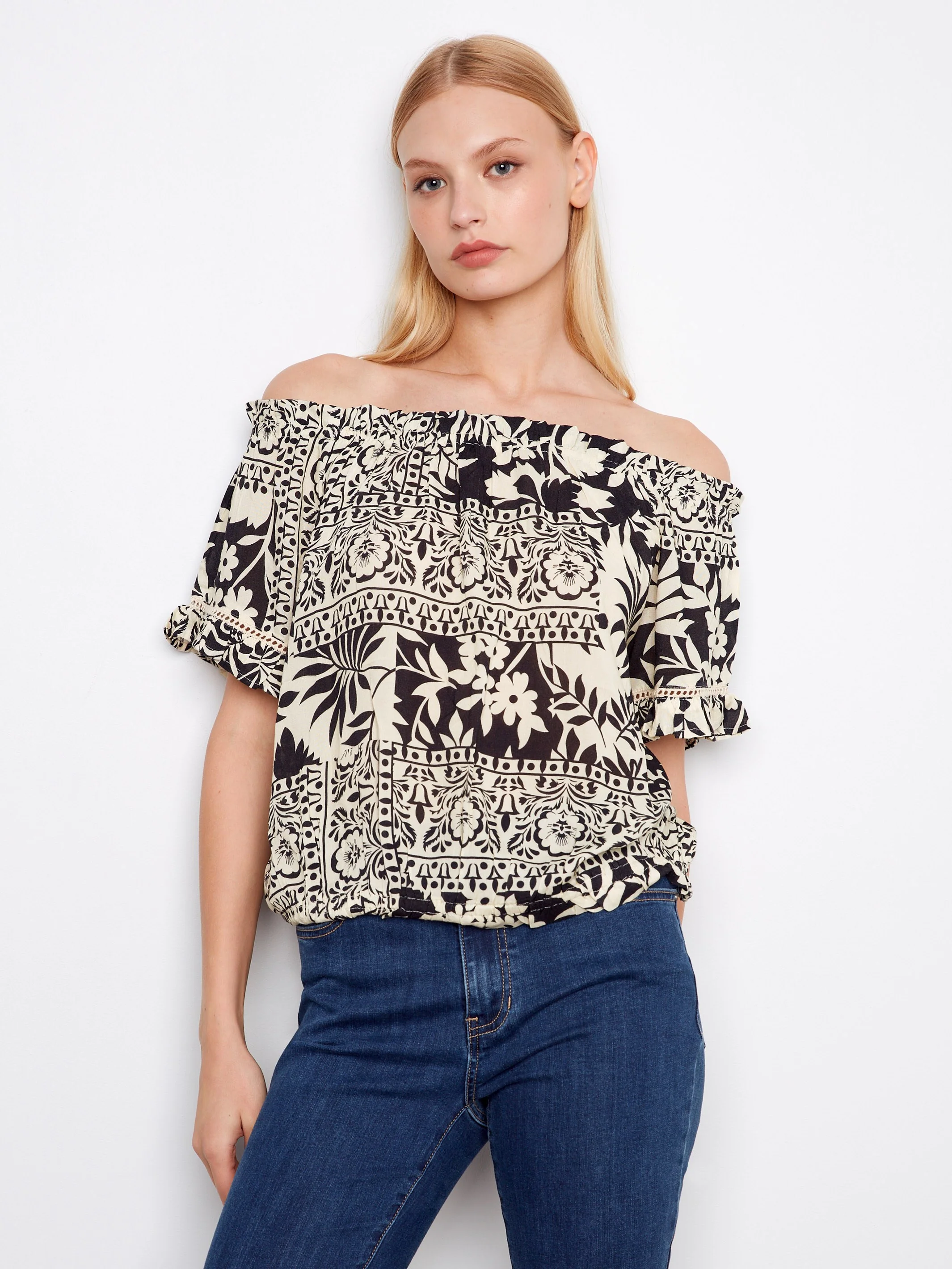 Printed Short Sleeve Off-Shoulder Blouse - Ornato