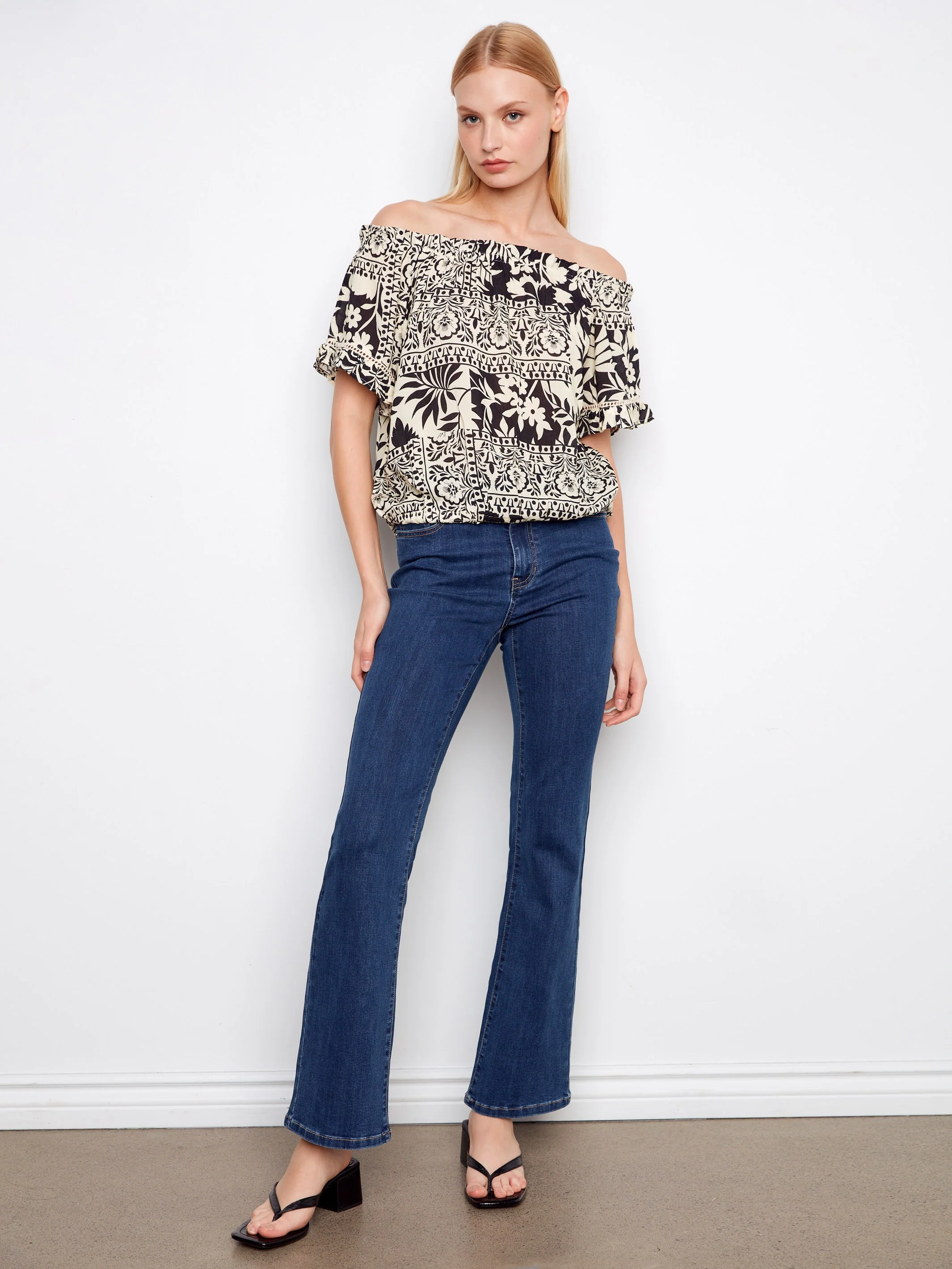 Printed Short Sleeve Off-Shoulder Blouse - Ornato - Image 2