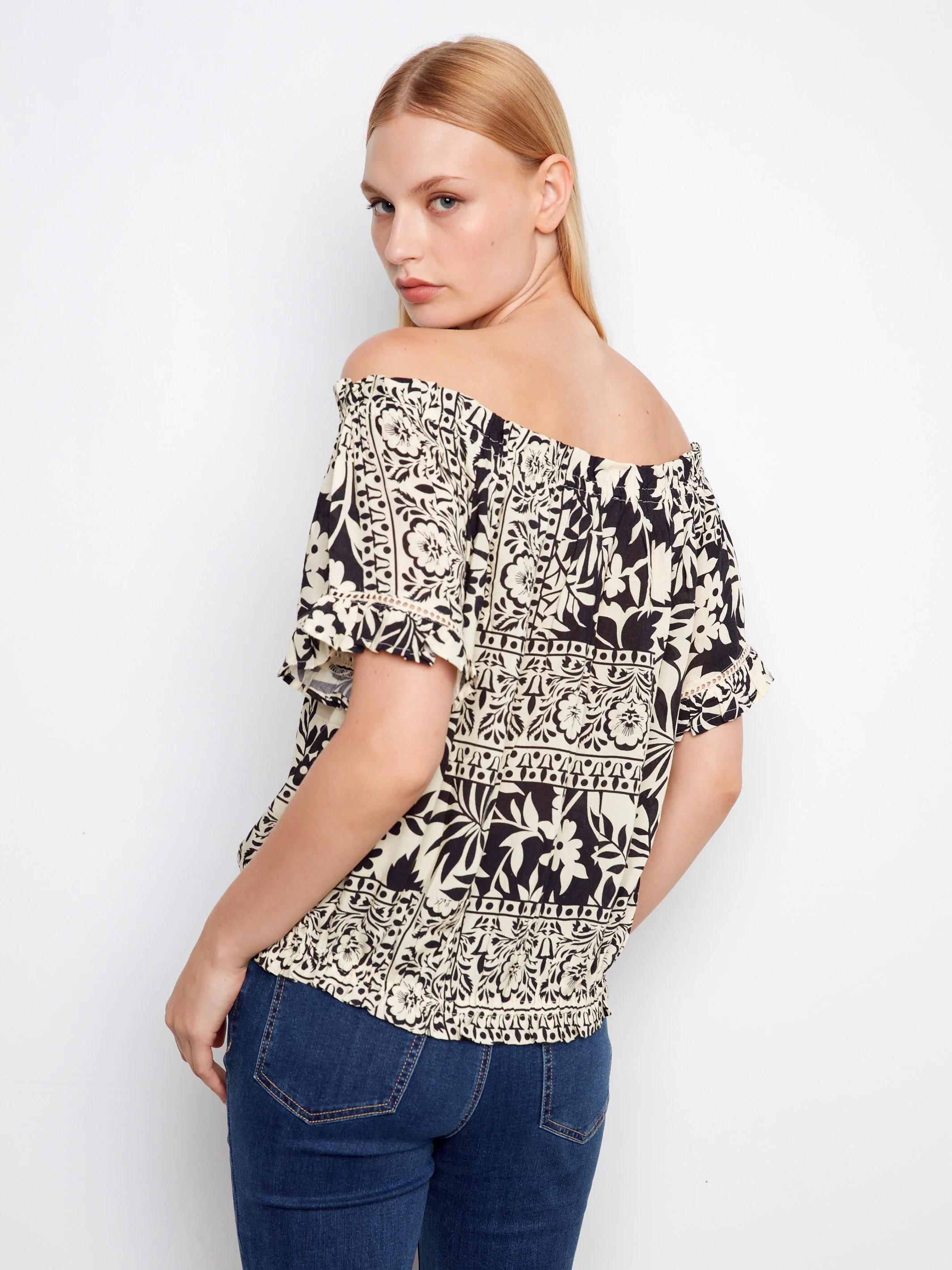 Printed Short Sleeve Off-Shoulder Blouse - Ornato - Image 4