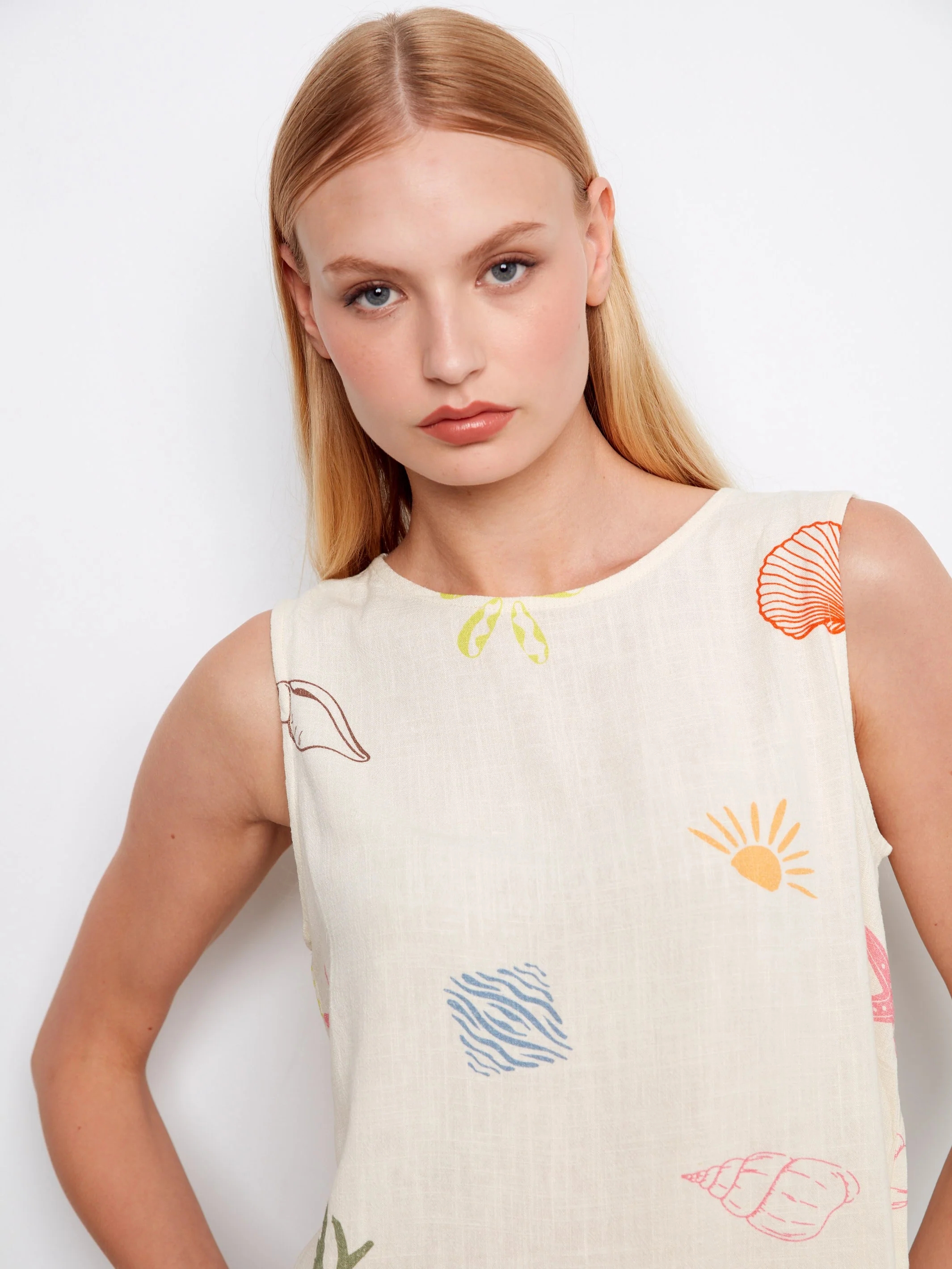 Printed Sleeveless Linen Blend Top With Drawcord - Ocean - Image 2