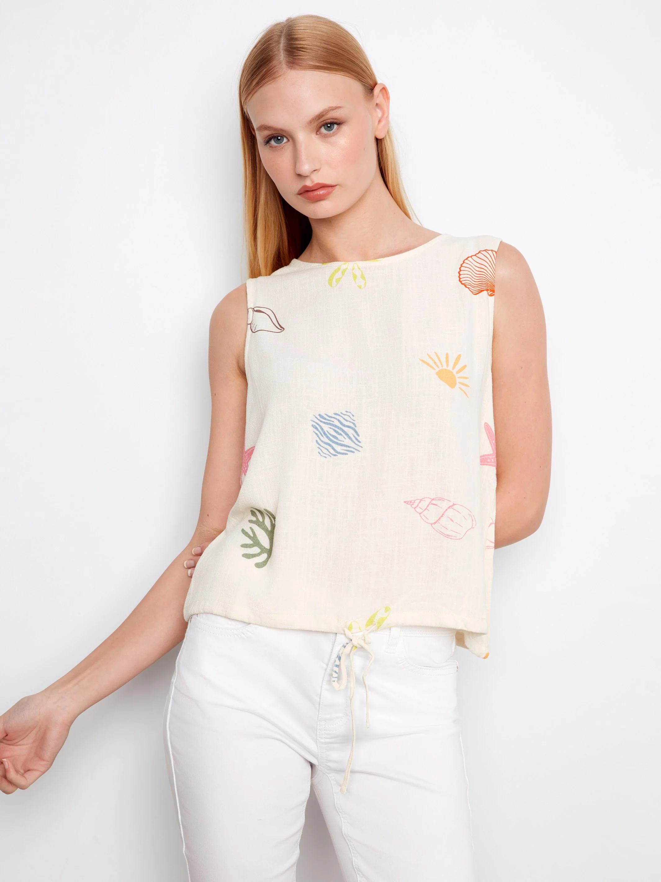 Printed Sleeveless Linen Blend Top With Drawcord - Ocean - Image 4
