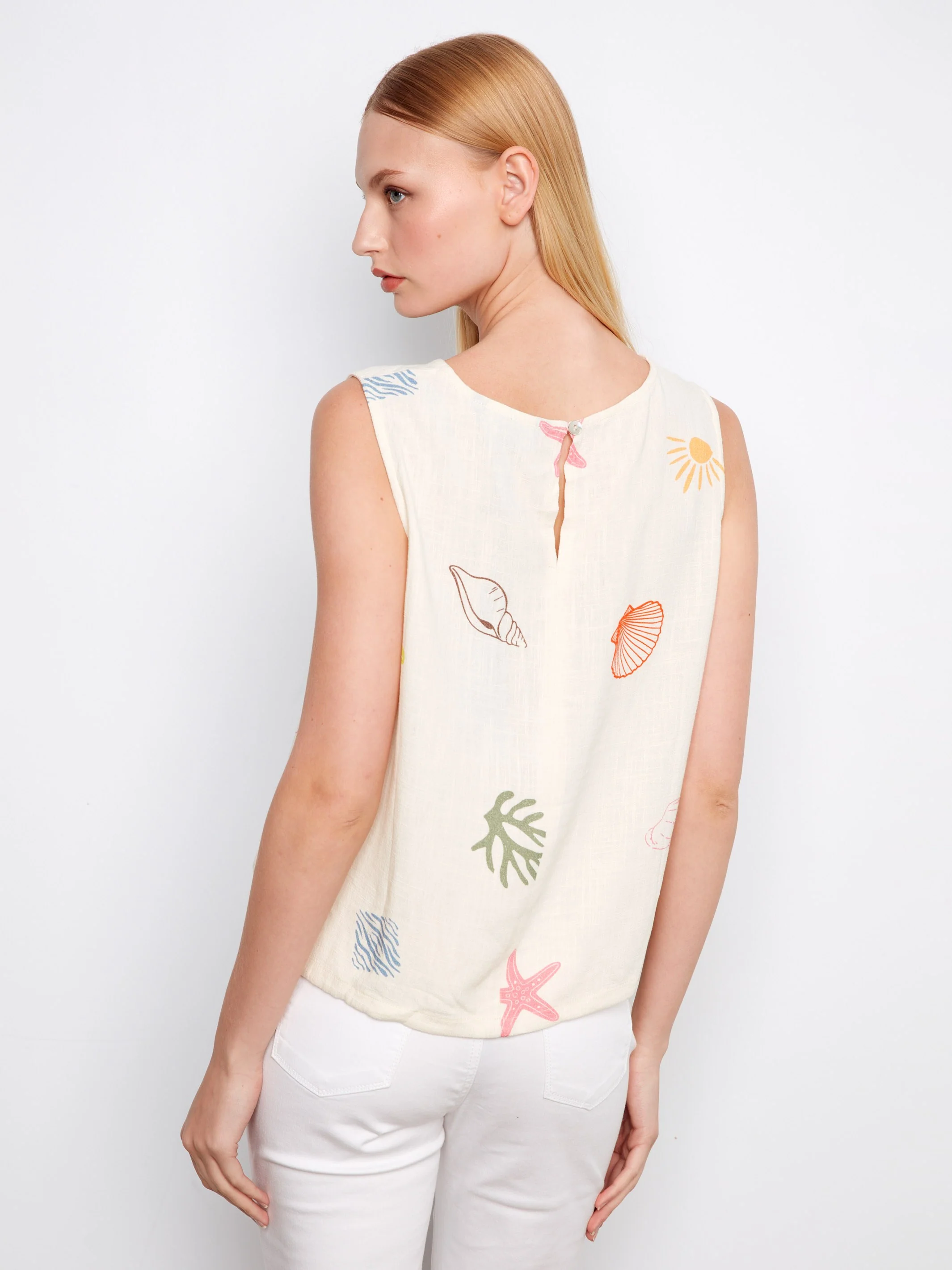 Printed Sleeveless Linen Blend Top With Drawcord - Ocean - Image 5